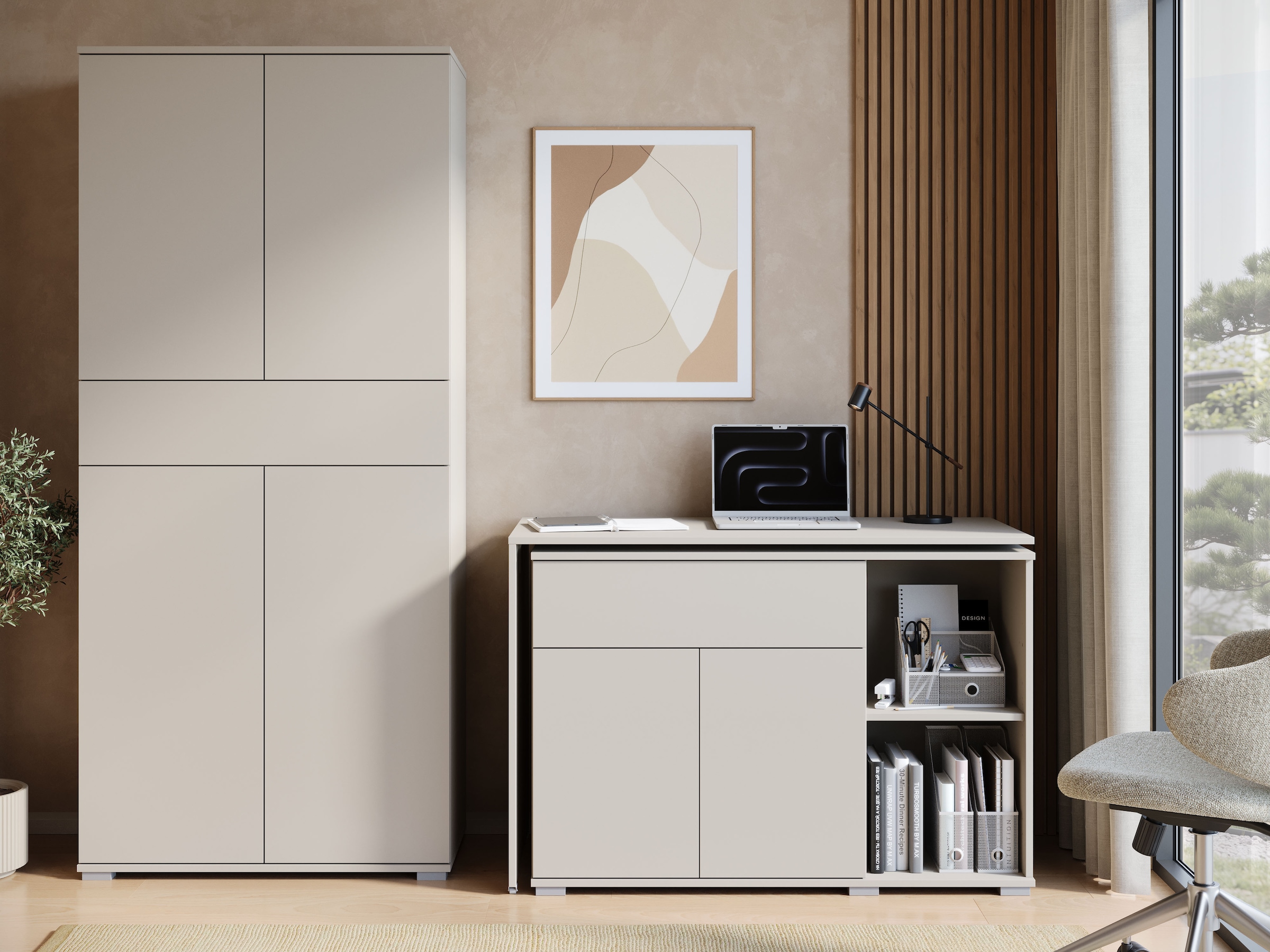 GOODproduct Schreibtisch »Kenia mit drehbarer Tischplatte 90°/180°, B/H/T: 109,5/75/50 cm« 1 Stk. tlg. Schublade & Türen mit Push-to-open, 2 höhenverstellbare Böden