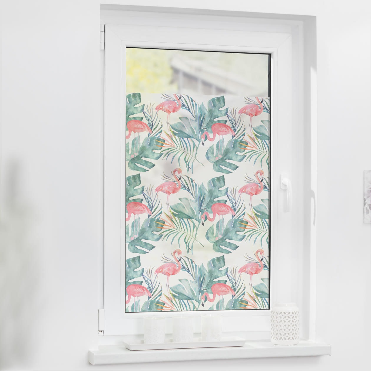 Image of LICHTBLICK ORIGINAL Fensterfolie "Fensterfolie selbstklebend, Sichtschutz, Flamingo - Rosa Grün" 1 Stk. blickdicht glatt statisch haftend