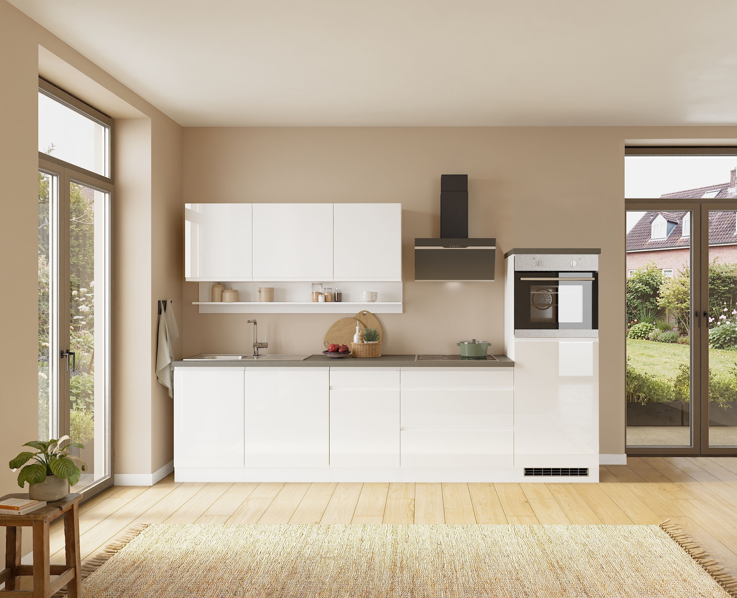 KOCHSTATION Kitchenette »KS-Virginia,neu in verbesserter Ausführung« plan de travail épaisseur 38 mm, rangement, fermeture douce,  largeur 300 cm, fermeture douce, avec appareils électriques en option