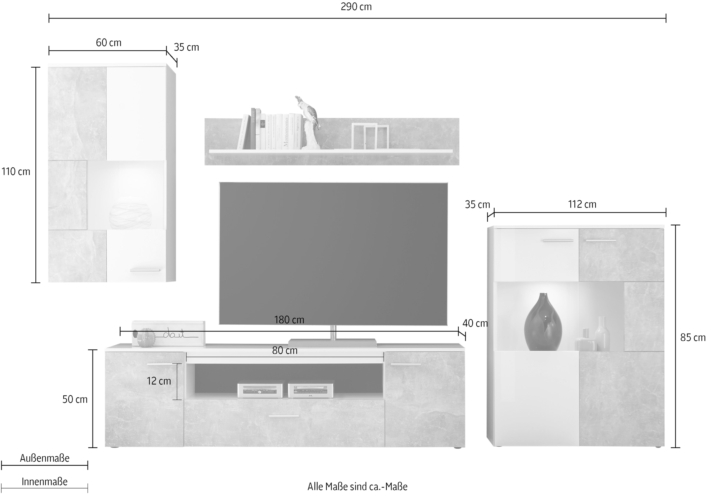HBZ Wohnwand »Vulcan inkl. LED-Beleuchtung Weiss-Beton, BxHxT 290x194x40 cm«, (Set, 4 St.), Mit 1 Hängevitrine, 1 Stauraumschrank, 1 Lowboard, 1 Wandregal