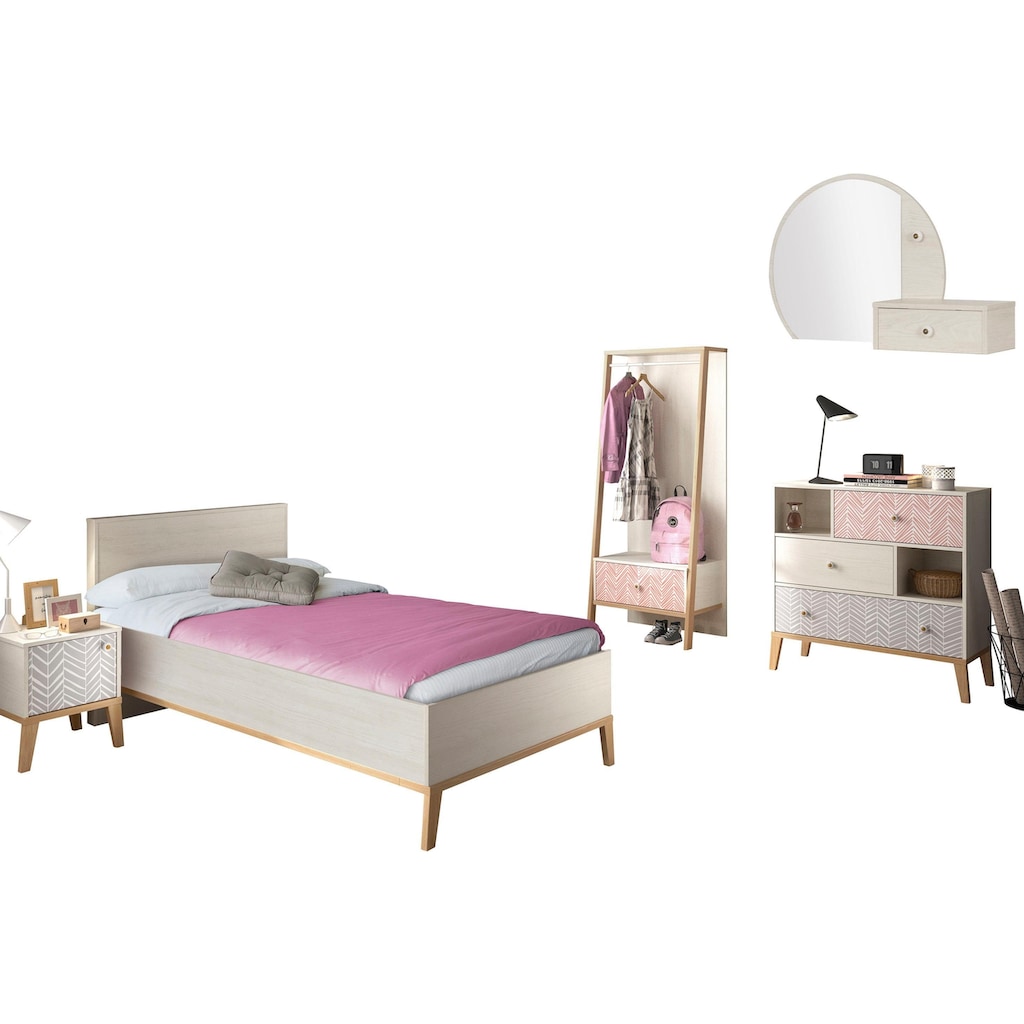 Gami Jugendzimmer-Set »Alika«, (Set, 5 St., Kleiderständer, Bett, Nachttisch, Kommode und Aufsatz mit Spiegel)