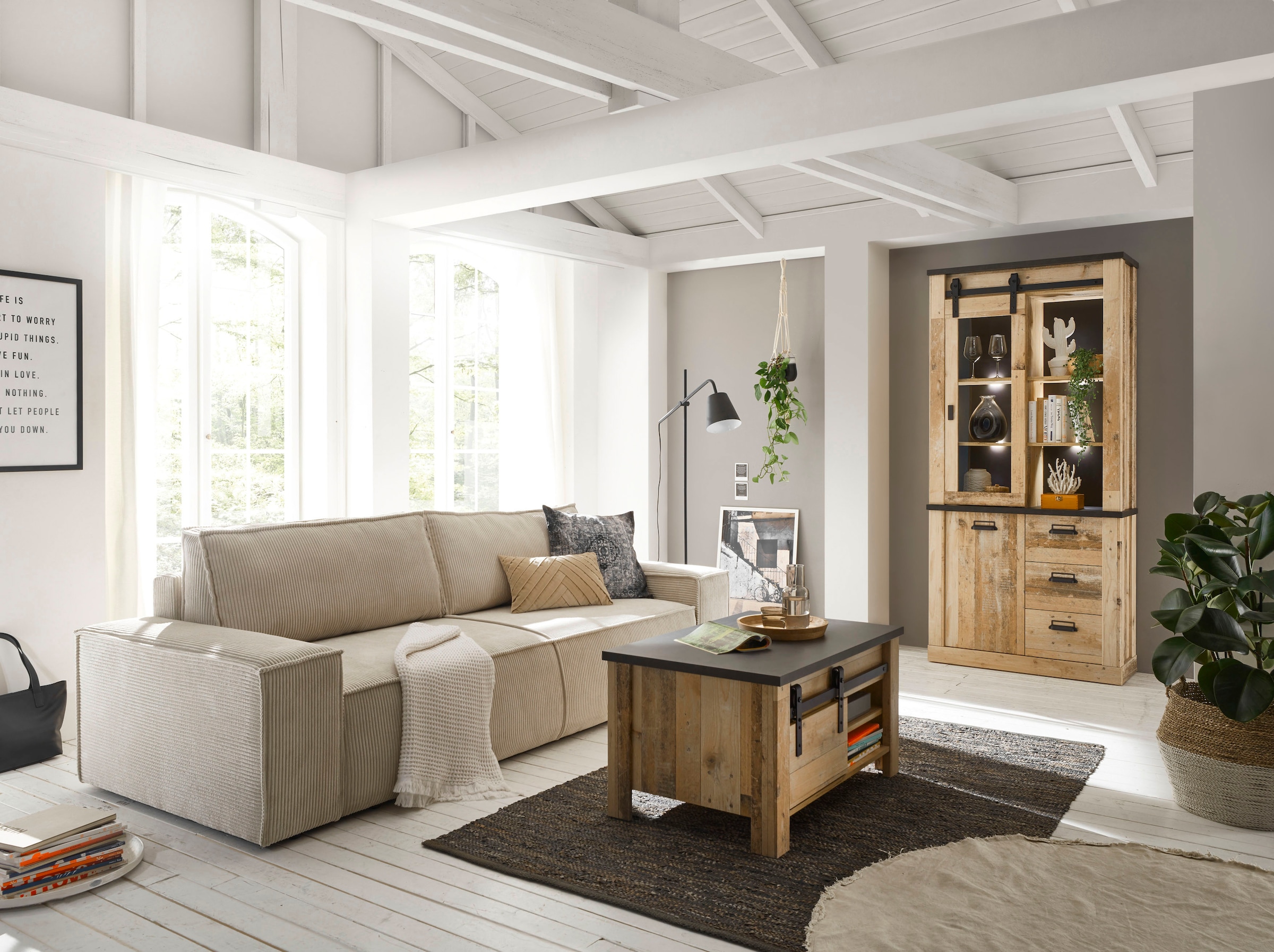GOODproduct 3-places »SHERWOOD Schlafsofa (257cm) Cord, Samtvelours, Vintage-Lederoptik« Schlaffunktion mit Bettkasten (ca. 136/200cm)