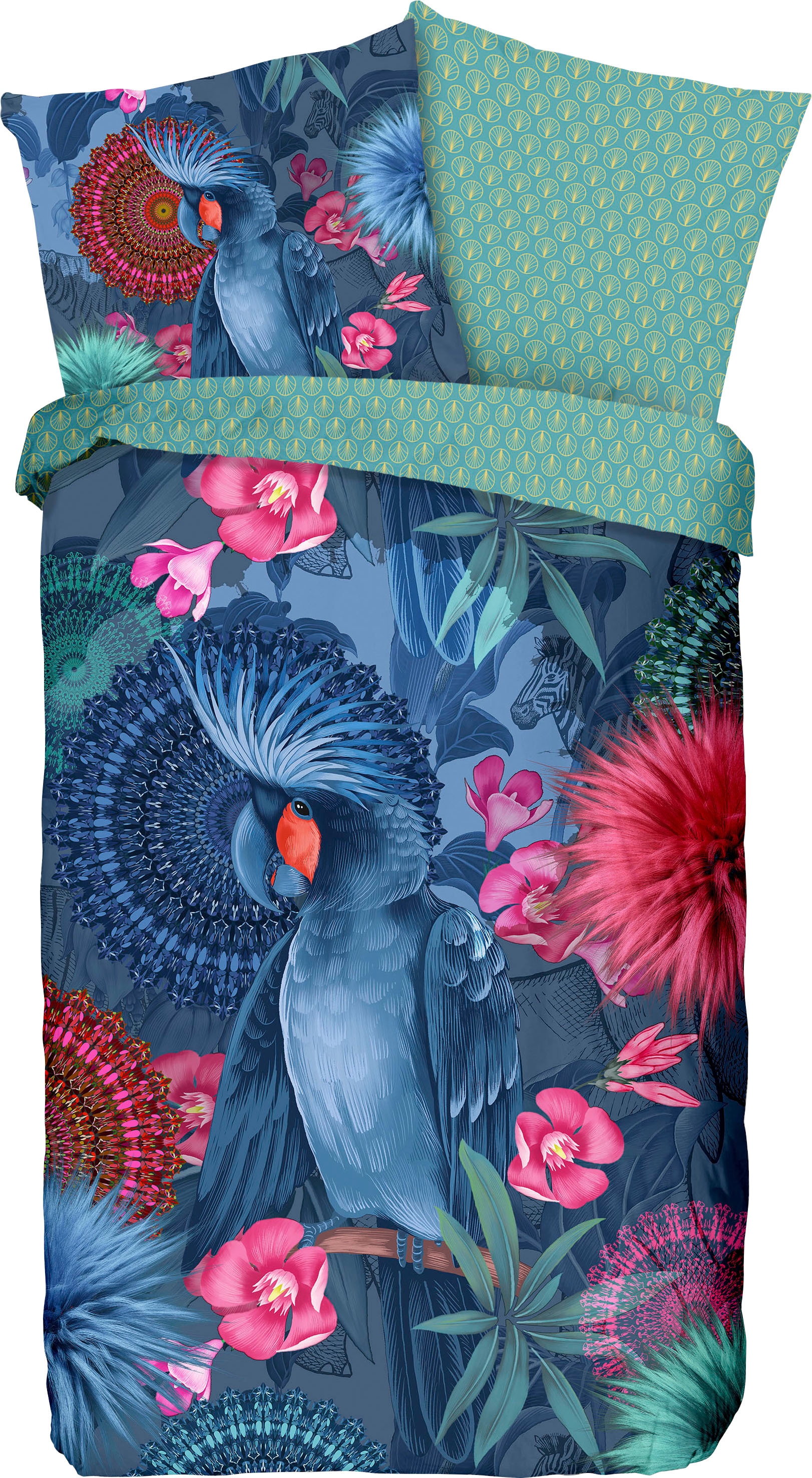 hip Wendebettwäsche »Ofelia«, Mako-Satin, 135x200, Reissverschluss, Wendeoptik, Mandala Papagei, Blau