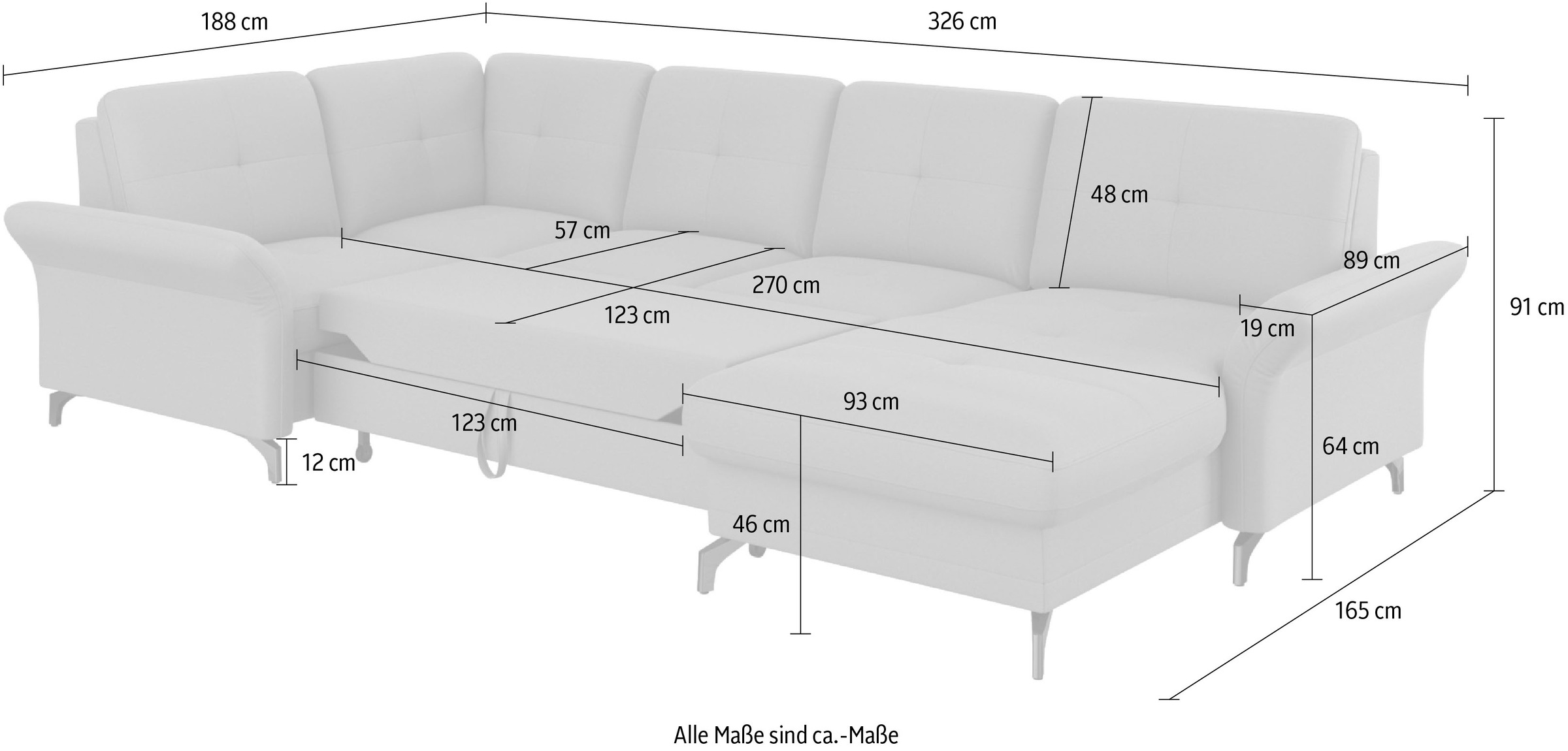 Places of Style Wohnlandschaft »Calando U-Form«, wahlweise mit Bettfunktion, Bettkasten und Armteilfunktion