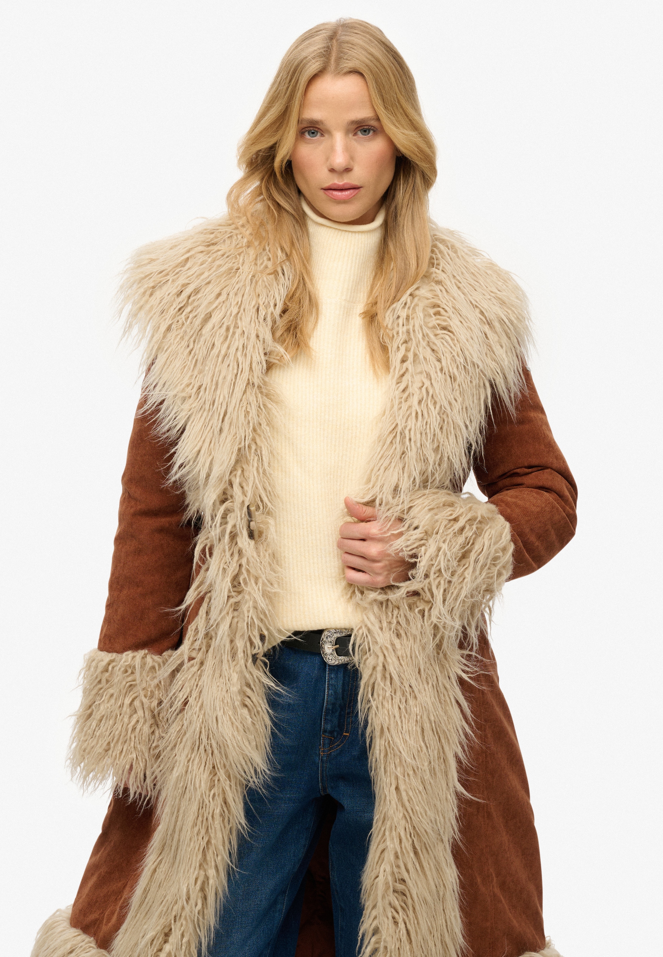 Image of Superdry Fellimitatmantel "LONG AFGHAN COAT" Materialmix, slim fit, mit Kunstfellbesatz