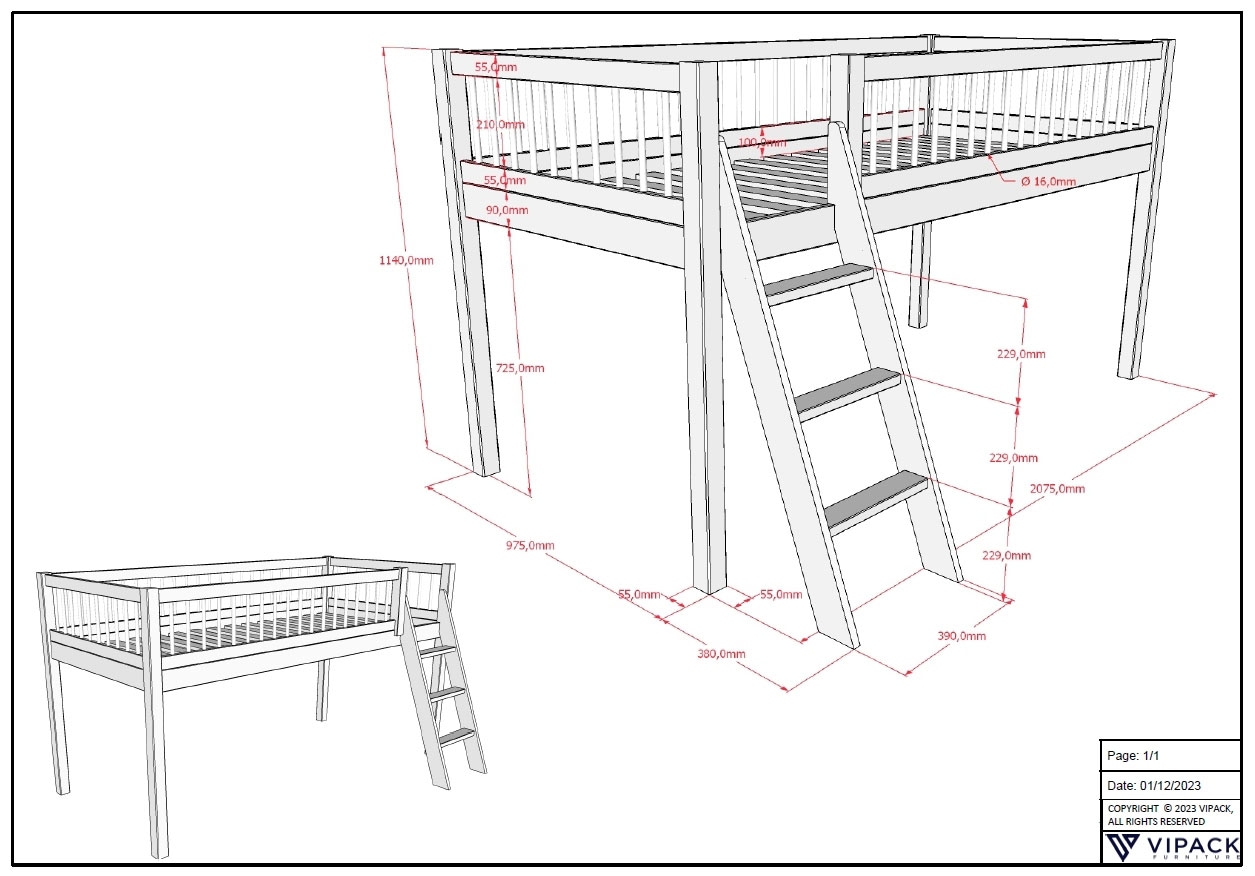 Vipack Spielbett »Forrest halbhoch mit Leiter und Absturzschutz in Sprossen-Optik« Liegefläche 90/200cm inkl. Massivholz Rolllattenrost,  ideal für das Kinderzimmer, Buche massiv natur lackiert