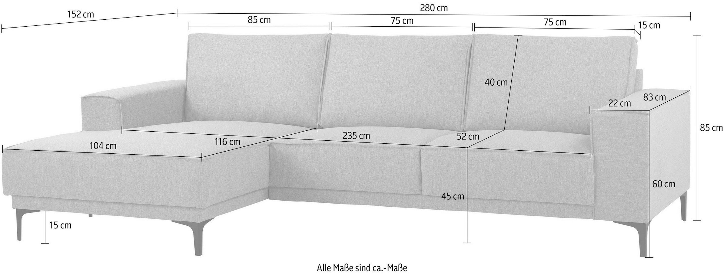 Places of Style Ecksofa »Polsterecke Oland, Struktur, Flachgewebe, Luxus-Microfaser, Boucle«, L-Form, 280 cm, Wellenunterfederung, Skandi-Design, Metallfüsse