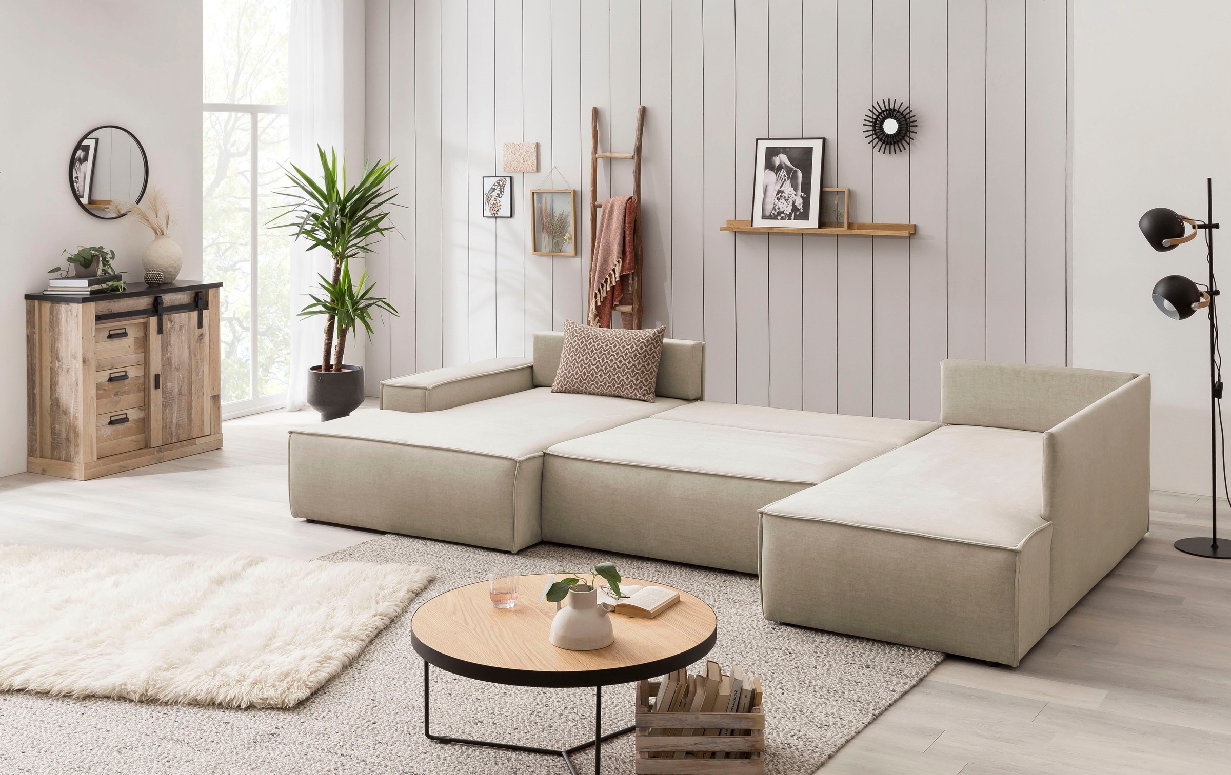 Home affaire Wohnlandschaft »SHERWOOD 329 cm, U-Form, Schlafsofa,«, Schlaffunktion m. Bettkasten (194x139 cm), Cord, Vintage, Samtvelours