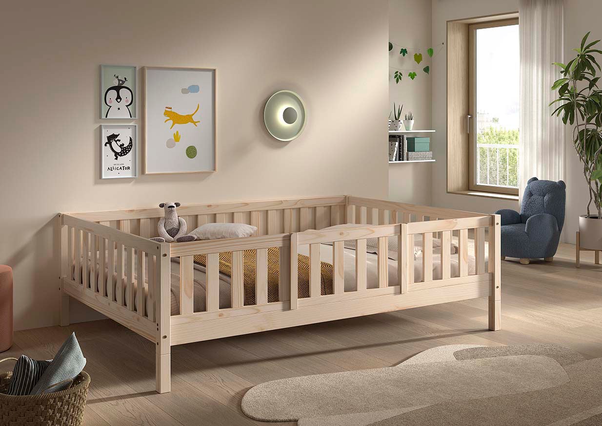 Vipack Kinderbett »Dallas, massiv Bett, Rausfallschutz, umbaubar vom Boden- zum Daybett« inkl. Rolllattenrost und Sprossenumrandung, 90 oder 140x200 cm breit,  stabil und standfest gebaut, wahlweise Kiefer massiv natur oder weiss