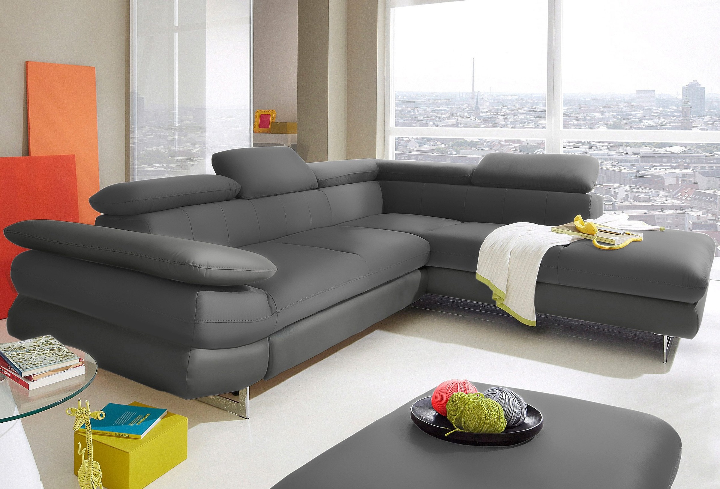 COTTA Ecksofa "Solution L-Form, Design Sofa, bequeme Wellenunterfederung, Design Fuß" mit Arm- & Kopfteilverstellung, wahlweise mit Schlaffunktion