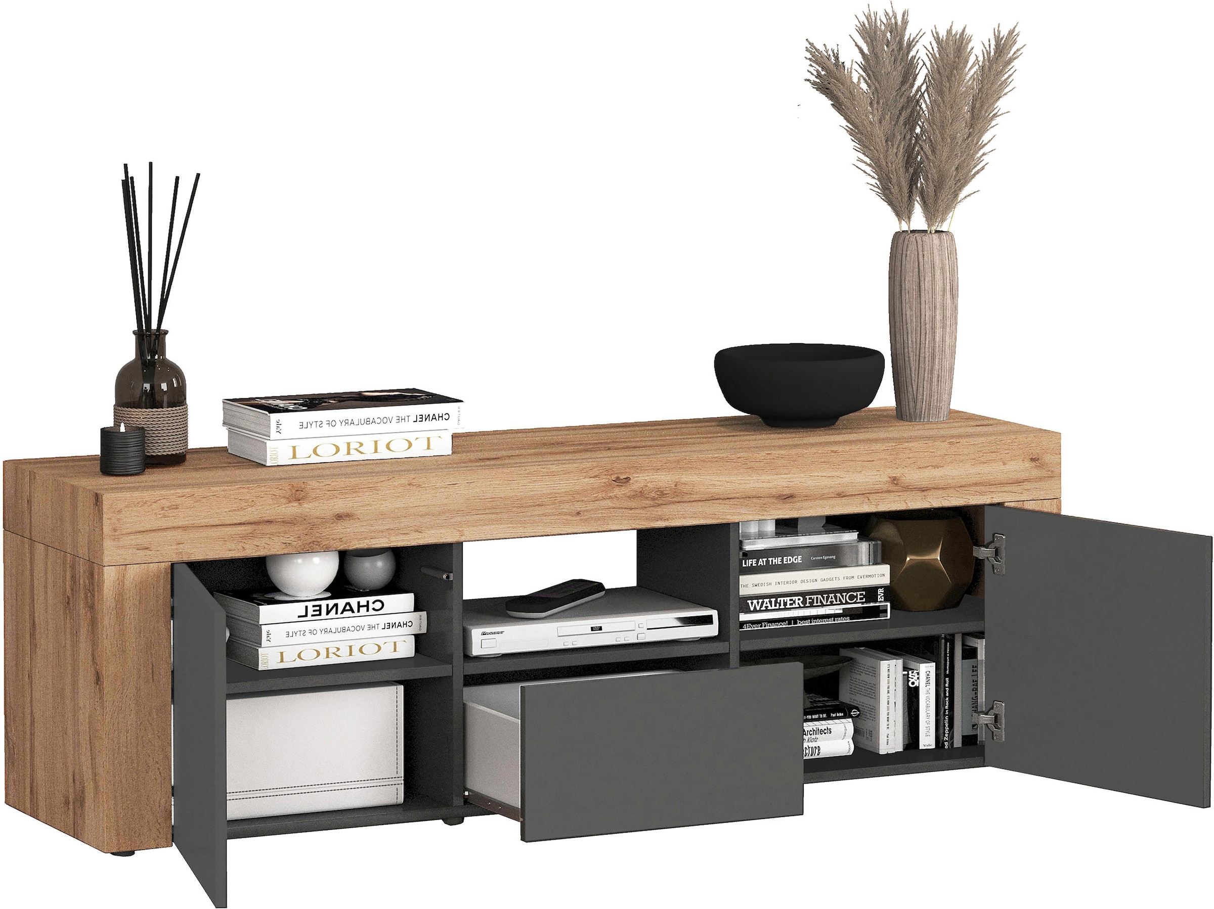 GOODproduct Table basse »CHRONOS Breite 155 cm mit 2 Türen, 1 Schublade,1 offenes Fach« 1 cuis tlg. TV-Board, Sideboard niedrig, Grifflos mit Push to Open 'Made in Italy'