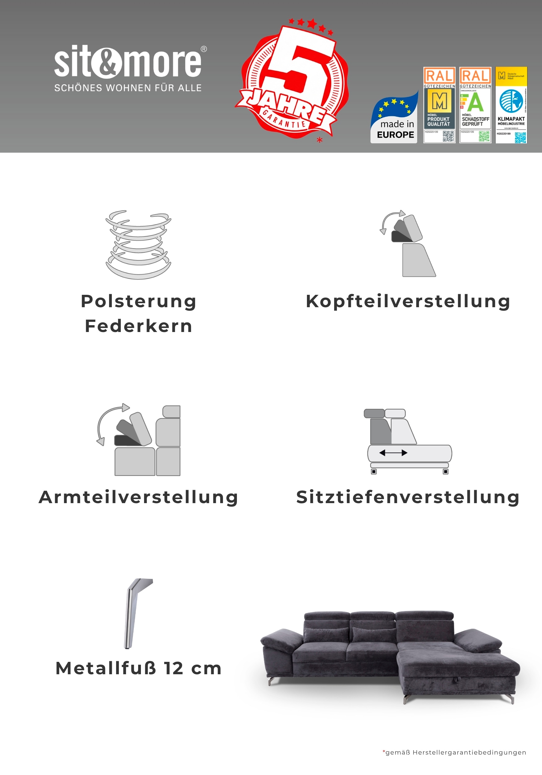 sit&more Wohnlandschaft »Cabrio U-Form, B: 359 cm, mit Sitztiefen-, Arm- & Kopfteilverstellung« 3 Nierenkissen, Federkern, optional Schlaffunktion und Stauraum
