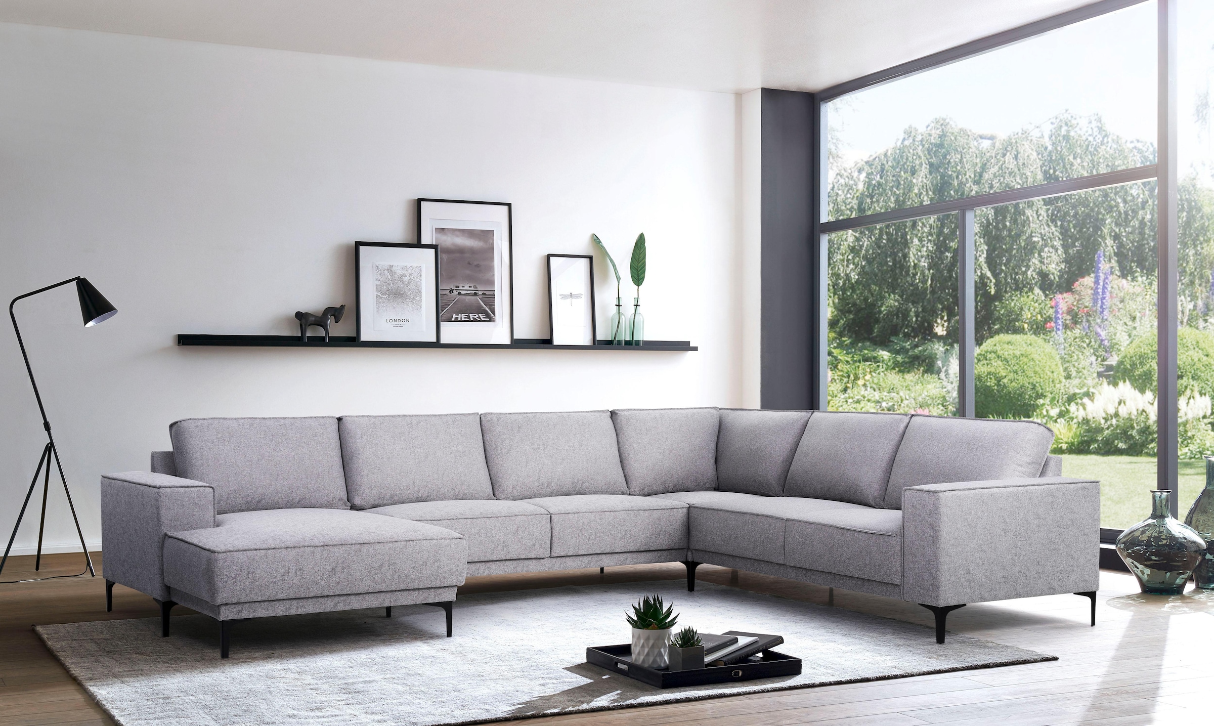 Places of Style Wohnlandschaft »XXL Sofa Oland, Struktur, Flachgewebe, Luxus-Microfaser, Boucle«, U-Form, 342 cm, Wellenunterfederung, Skandi-Design, Metallfüsse