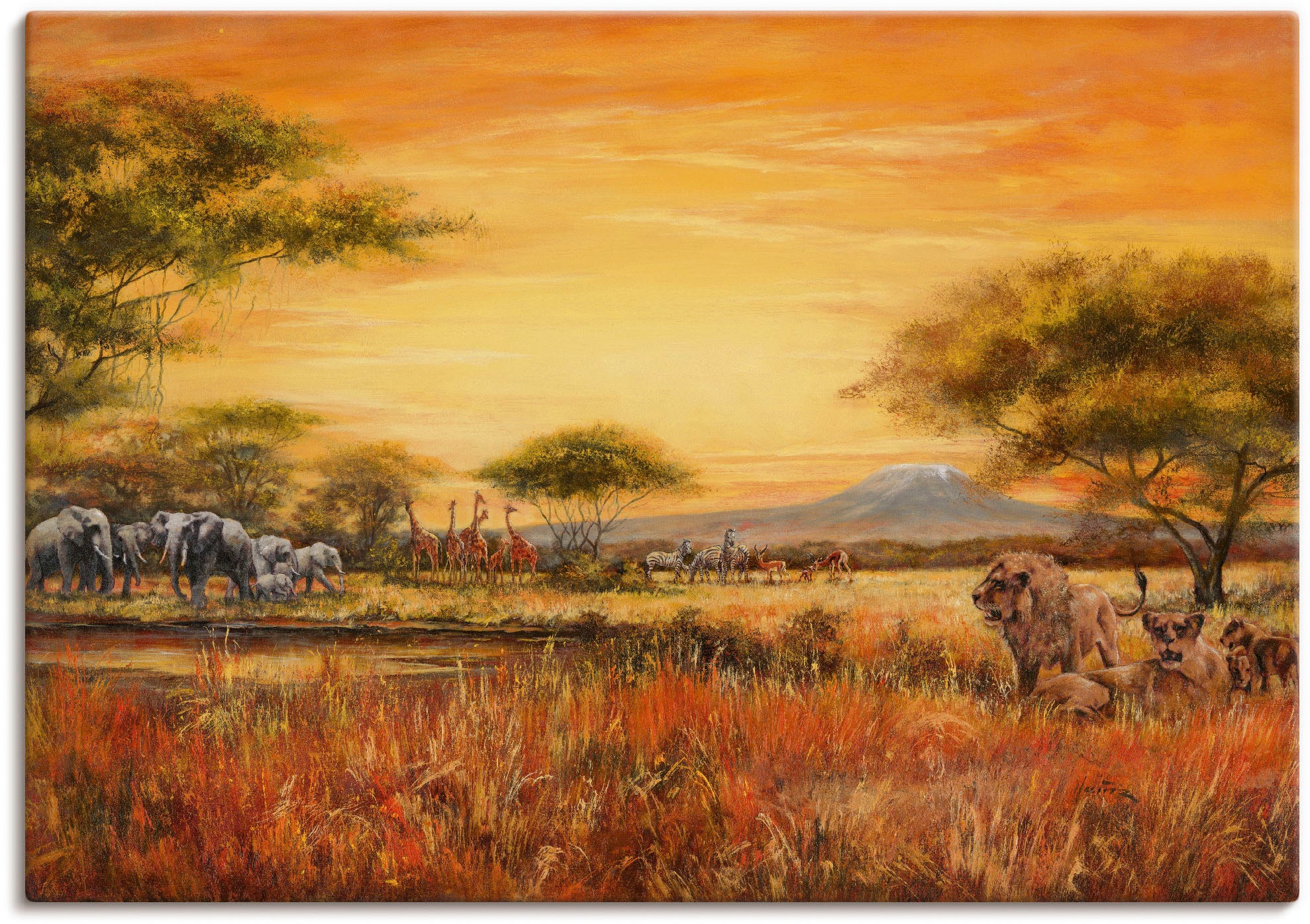 Image of Artland Leinwandbild "Afrikanische Steppe mit Löwen" Afrika 1 Stk. tlg. auf Holzrahmen gespannt