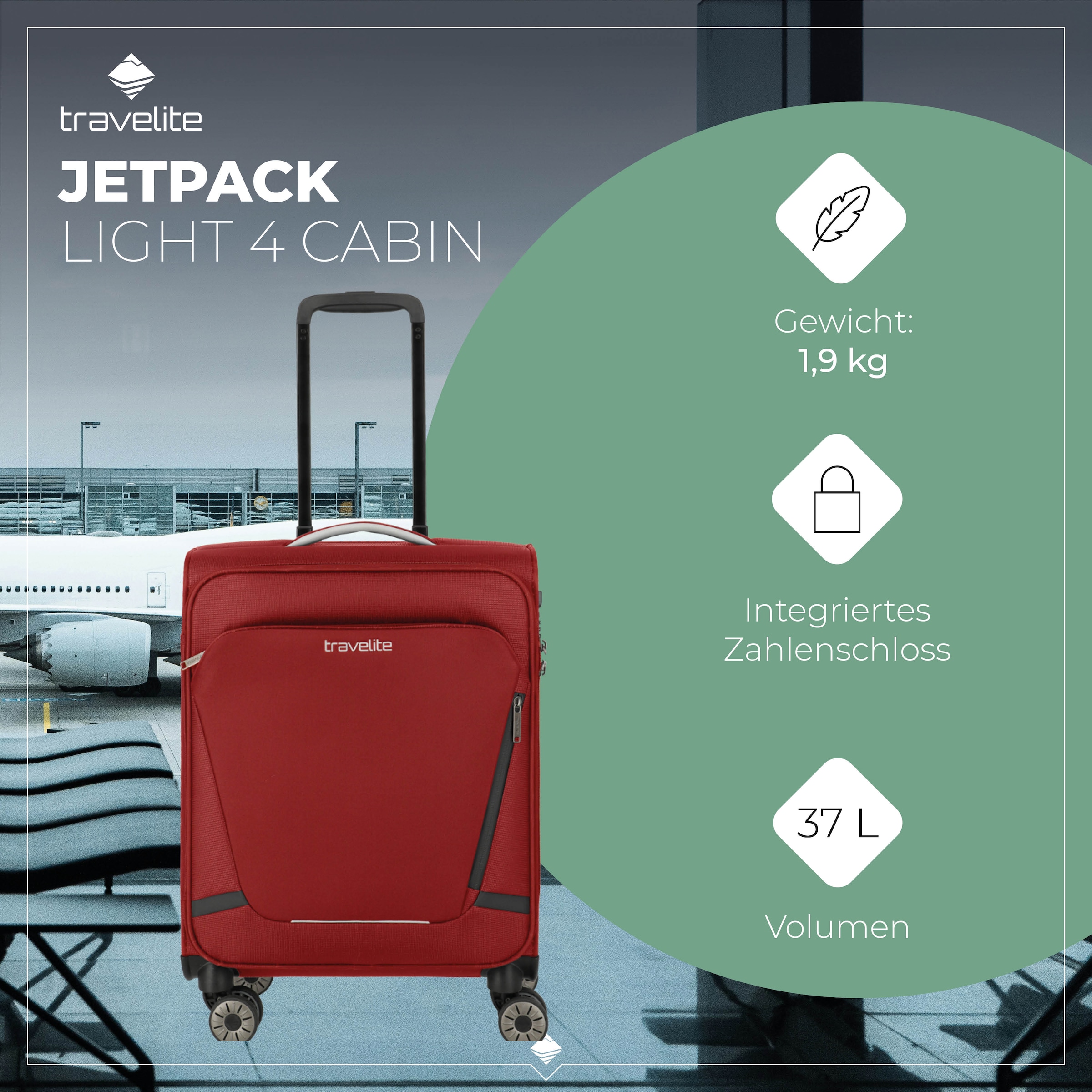 travelite Trolley pour bagages à main »JETPACK Multi Light 4 Cabin, konzipiert für Condor & Ryanair« 37 litre 4 Rollen Valise souple cabine pour la plupart des compagnies aériennes courantes