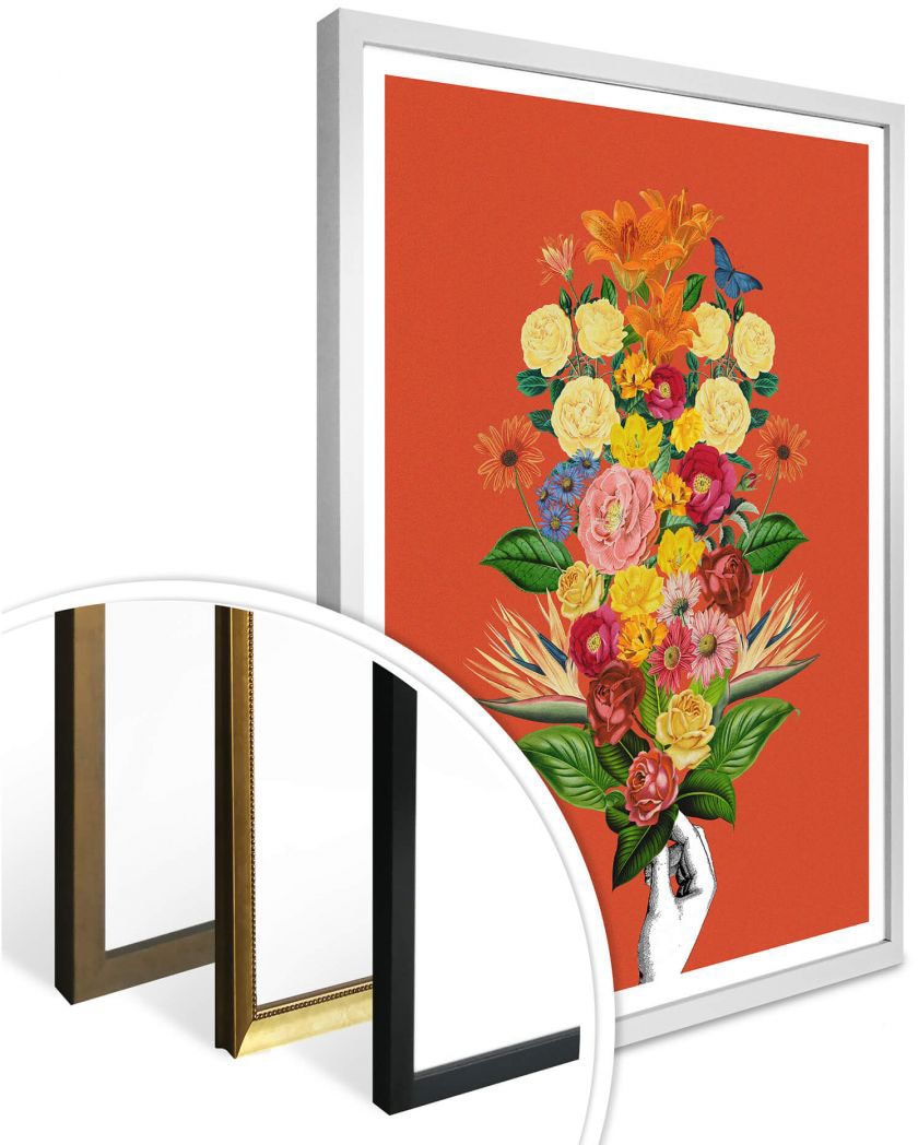 Wall-Art Poster »Botanical Rot Blumenstrauss«, Schriftzug, (1 St.), Poster ohne Bilderrahmen