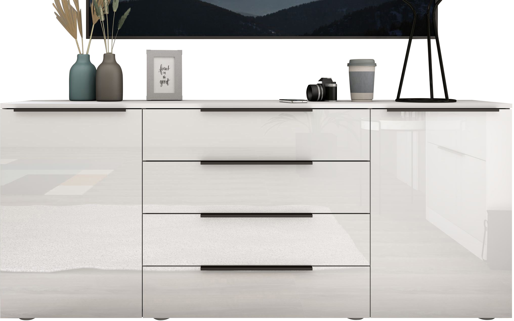 Image of borchardt Möbel Sideboard "Tom, moderne Kommode mit dunklen Metallgriffen" 166cm, 2 Türen 4 Schubfächer, variable Einlegeböden, viel Stauraum