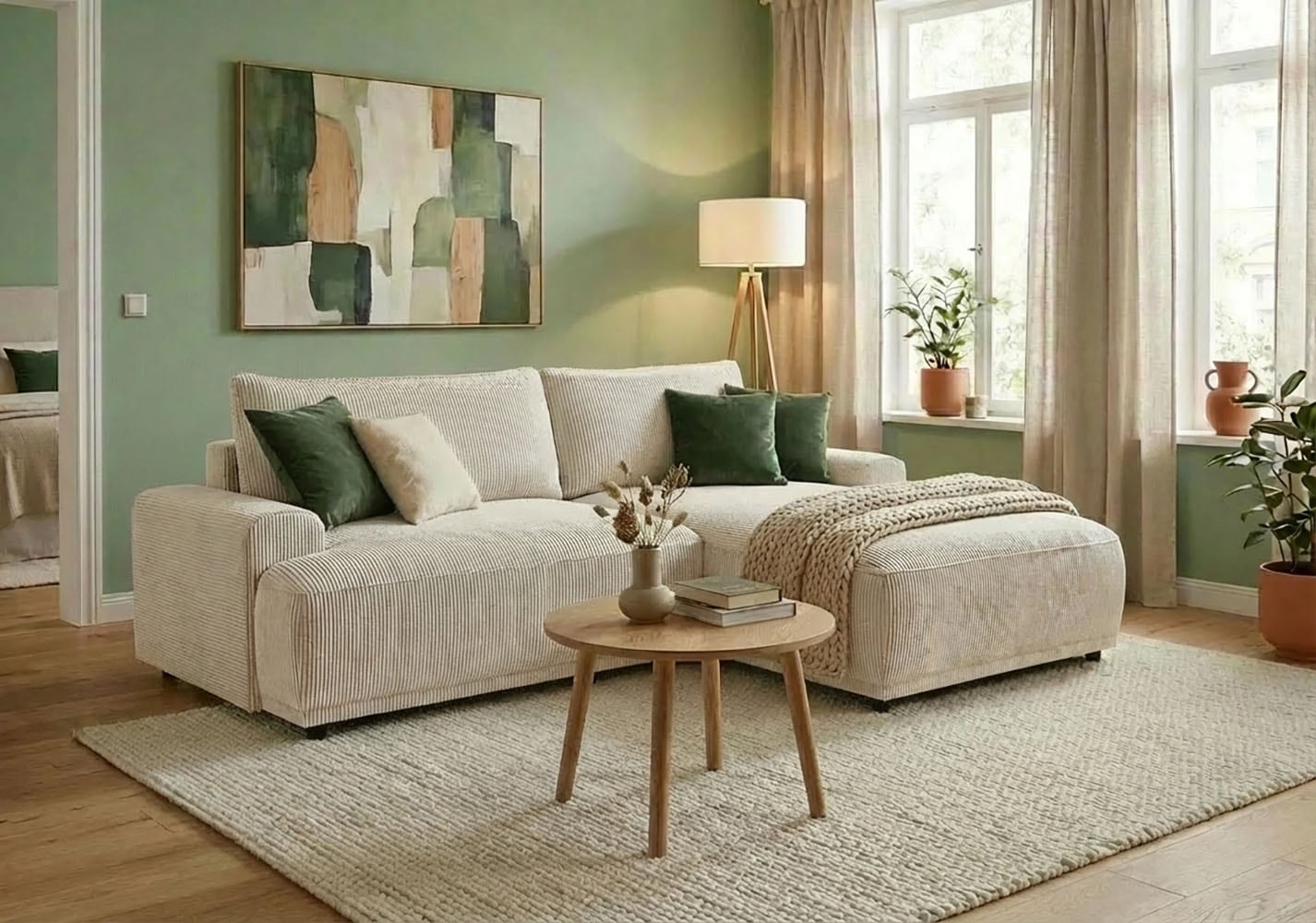 Image of TRENDMANUFAKTUR Ecksofa "Fordon, Schlafsofa mit Bettkasten, Couch in L-Form, Breite 250 cm" in Cordstoff HYPER, cream, Recamiere rechts