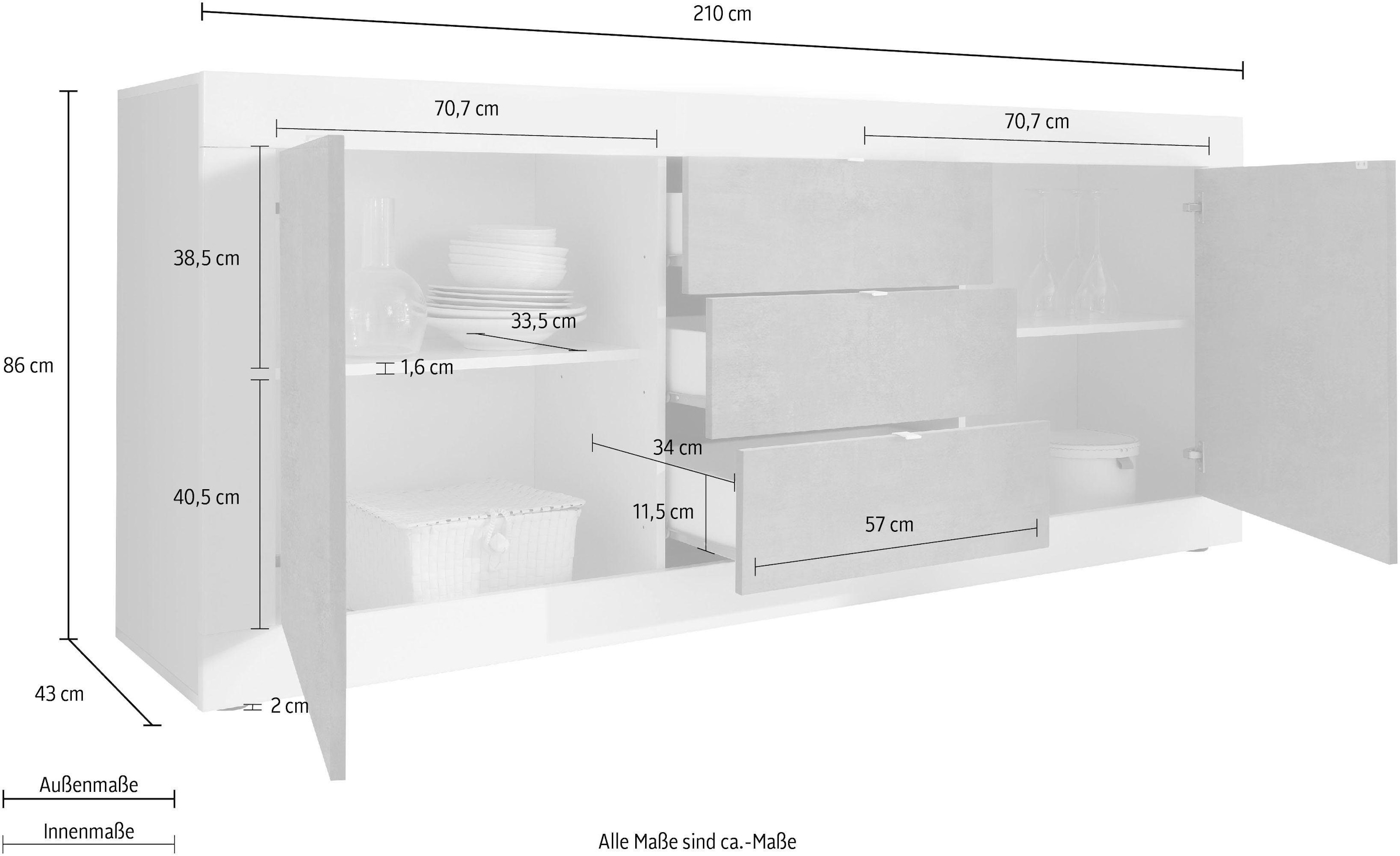 INOSIGN Sideboard »Basic Breite 210 cm, Kommode 2 Türen, 3 Schubkästen, Anrichte,«, Metallgriff, moderne Rahmenoptik, viel Stauraum, Farbauswahl