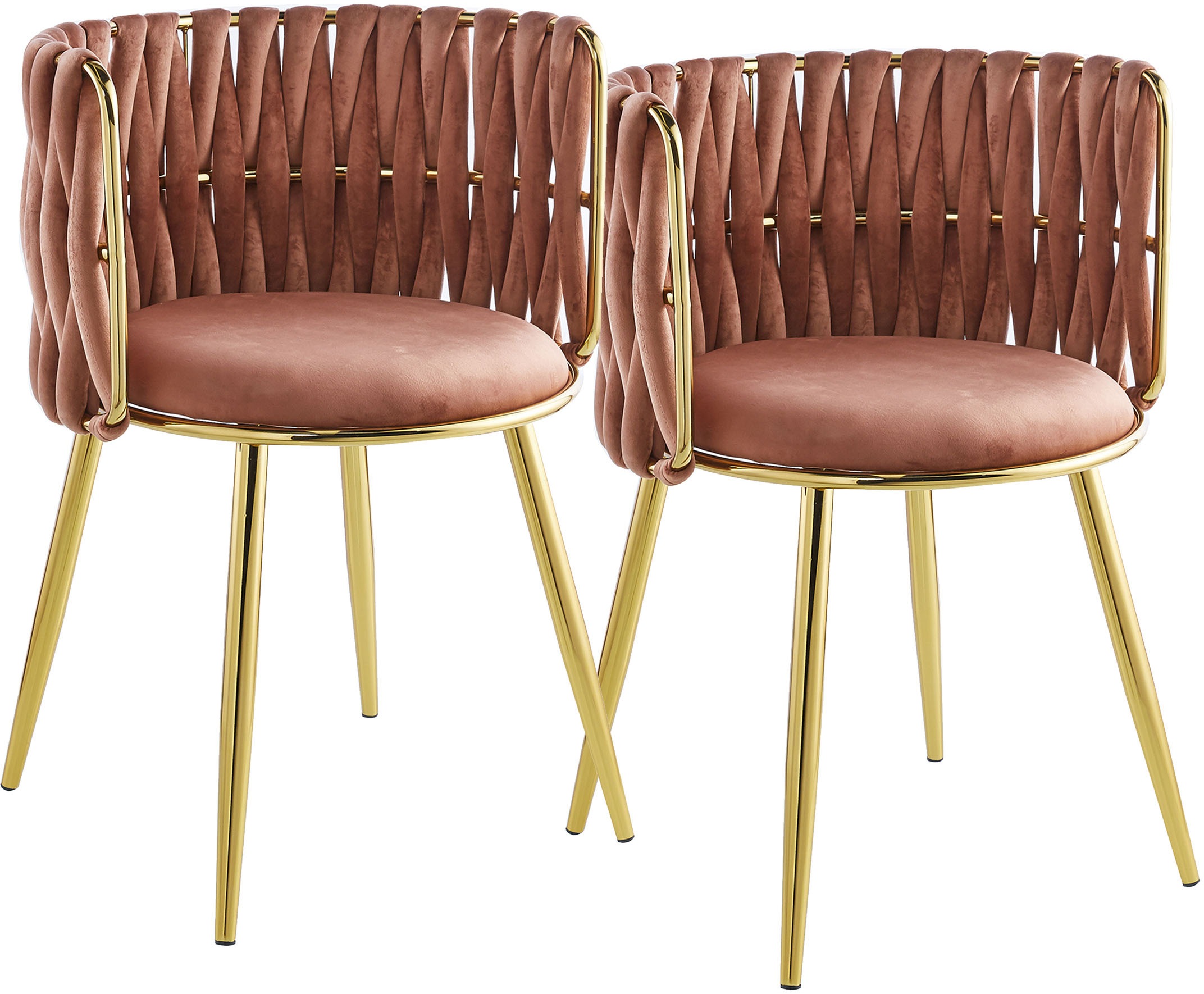 Image of Kayoom Polsterstuhl "Stuhl Melly 125 2er-Set,tolles Design der Rückenlehne, runde Sitzfläch" (Set) 2 Stk.ausgefallen geflochtene Rückenlehne, Samtbezug, goldene Beine