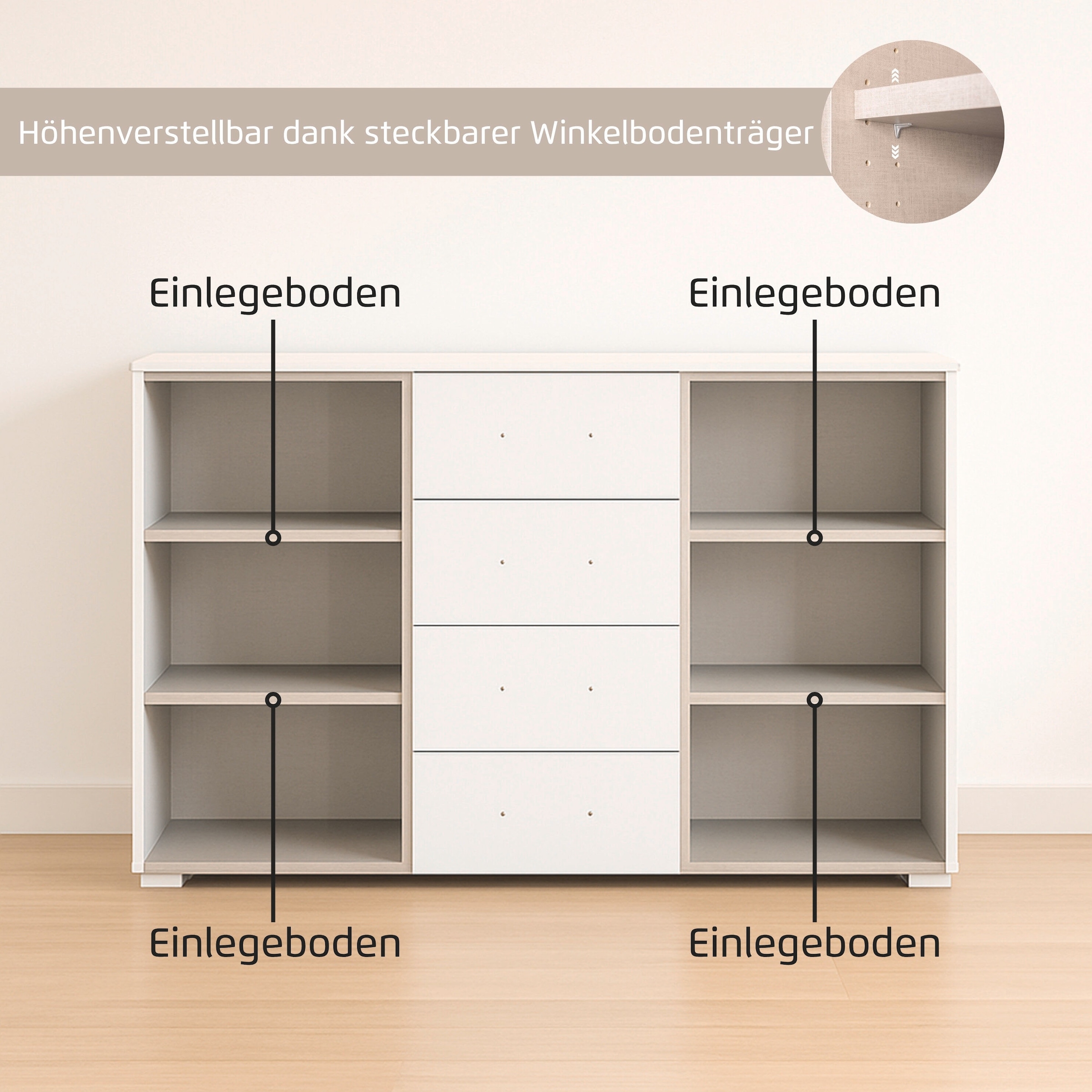 GOODproduct Commode combinée »Kommode Sideboard Schubladenkommode Schlafzimmerkommode OTELI« Largeur 120 cm avec fonction SOFT-CLOSE, façade décorative moderne,  quatre grands tiroirs et 2 portes, avec 4 étagères MADE IN GERMANY