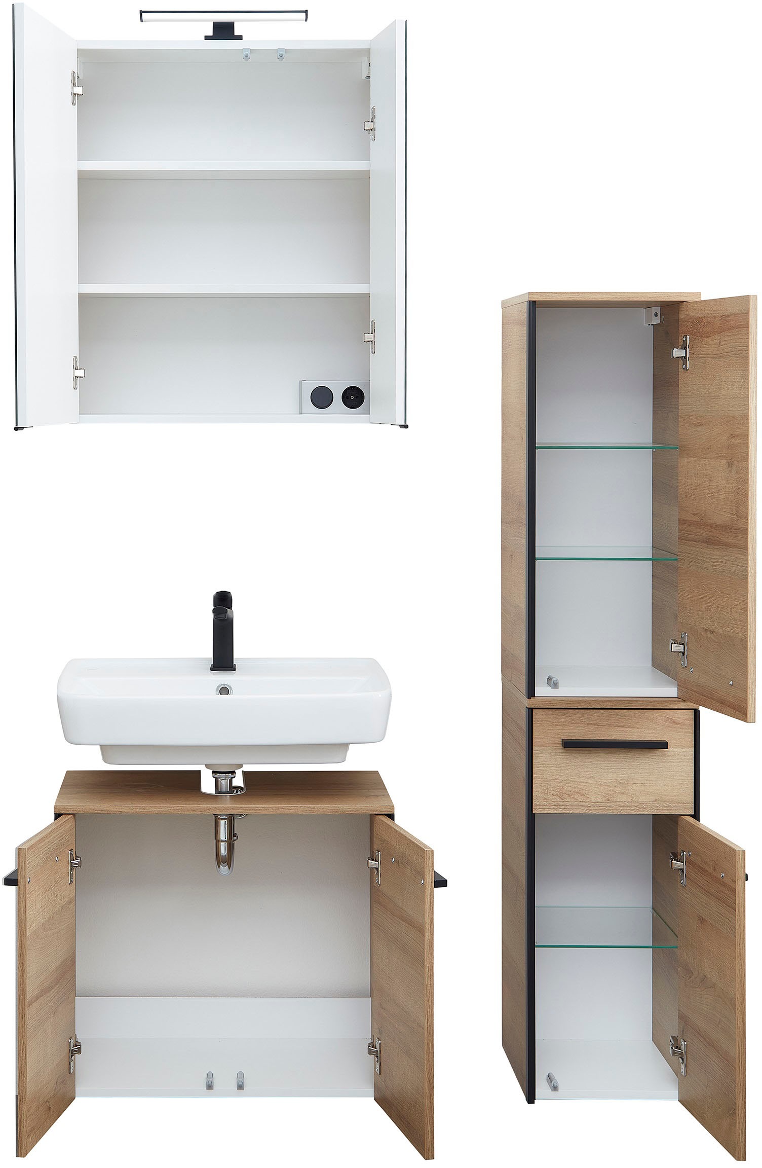 Saphir Ensemble de meubles de salle de bain »Quickset 395 3-teilig, Waschbeckenunterschrank mit LED-Spiegelschrank« 4 cuis tlg.
