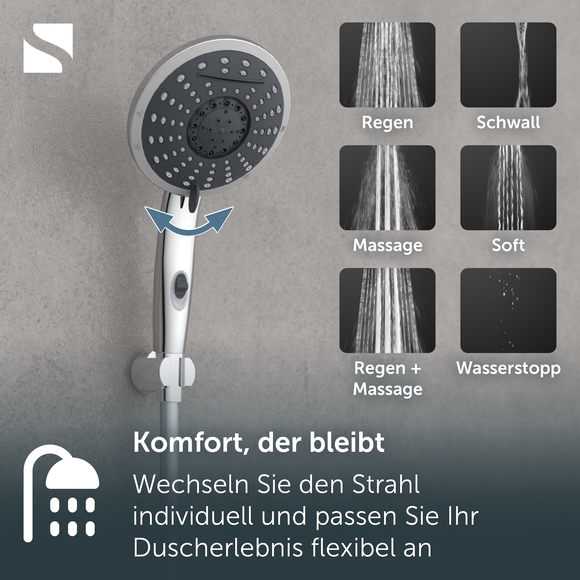 Schütte Handbrause »Wasserfall« mit 5 Strahlarten, chwallauslauf, Brausekopf mit Wasserstopp-Funktion