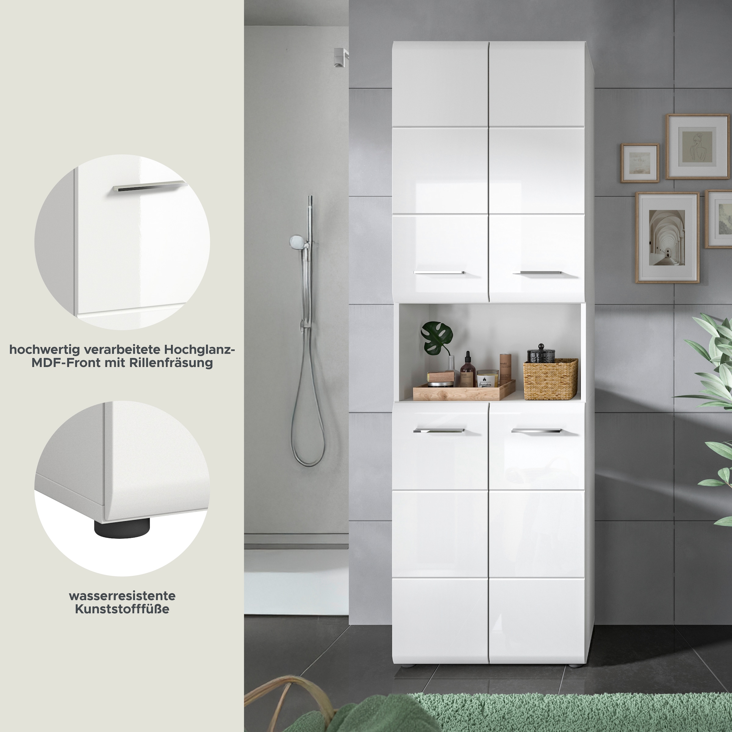 INOSIGN Stauraumschrank »FLORENZ, TOPSELLER!, Höhe 185 cm, 4 Türen, 4 Fachböden, 1 offenes Fach«, (1 St.), hochwertige MDF Front, Griff chromglänzend, Badschrank, Bad