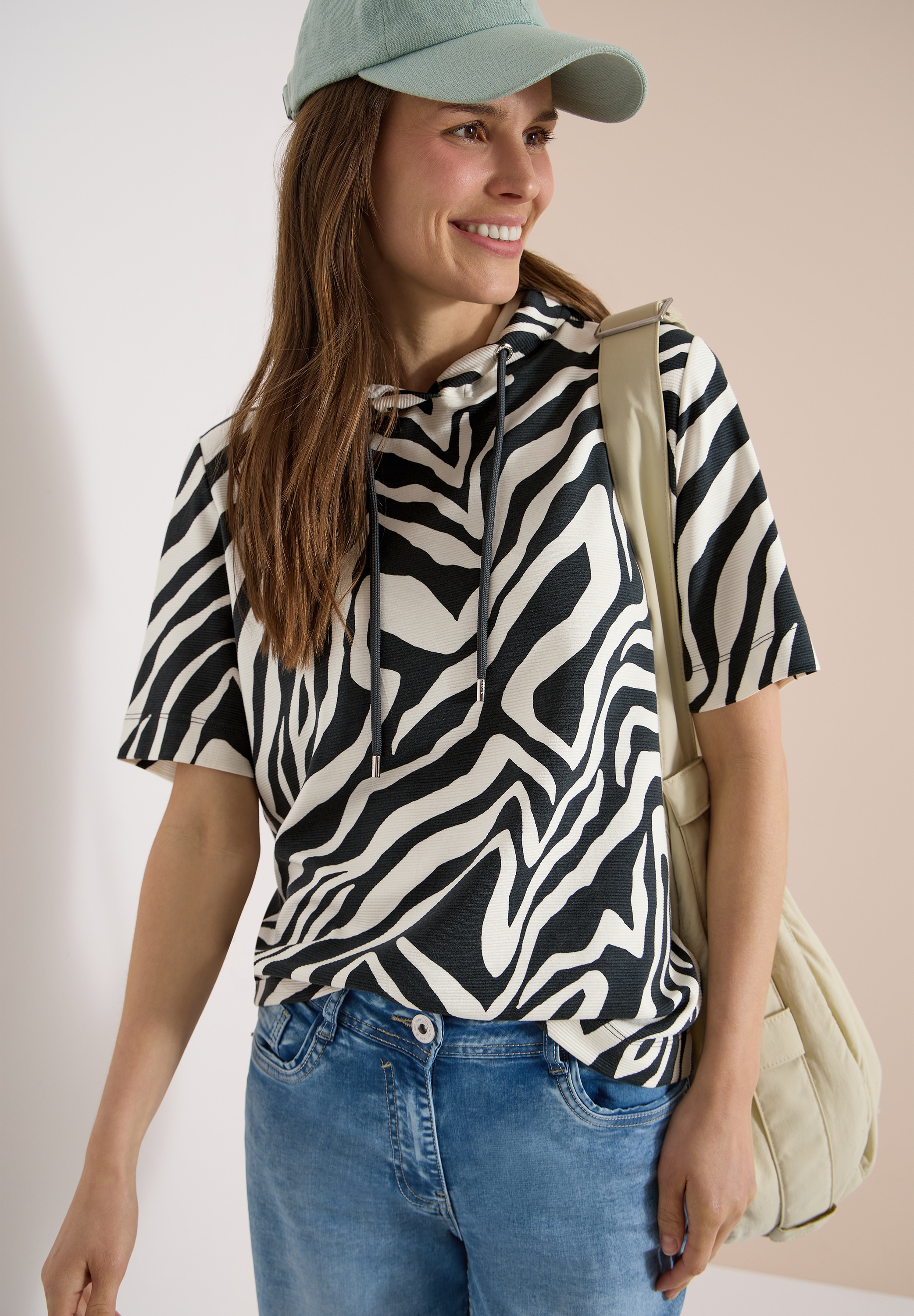 Image of Cecil Kapuzensweatshirt, Kurzarm-Shirt mit Kapuze und Zebraprint