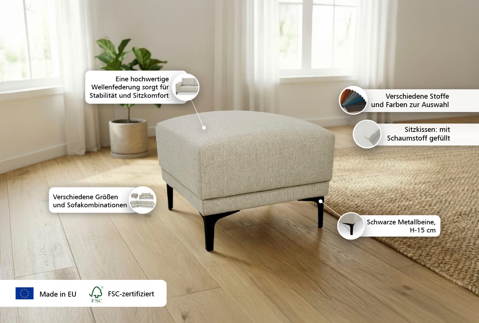 GOODproduct Polsterhocker »Xander« Breite 58 cm, Soft-Touch Chenille, schwarze Metallfüsse