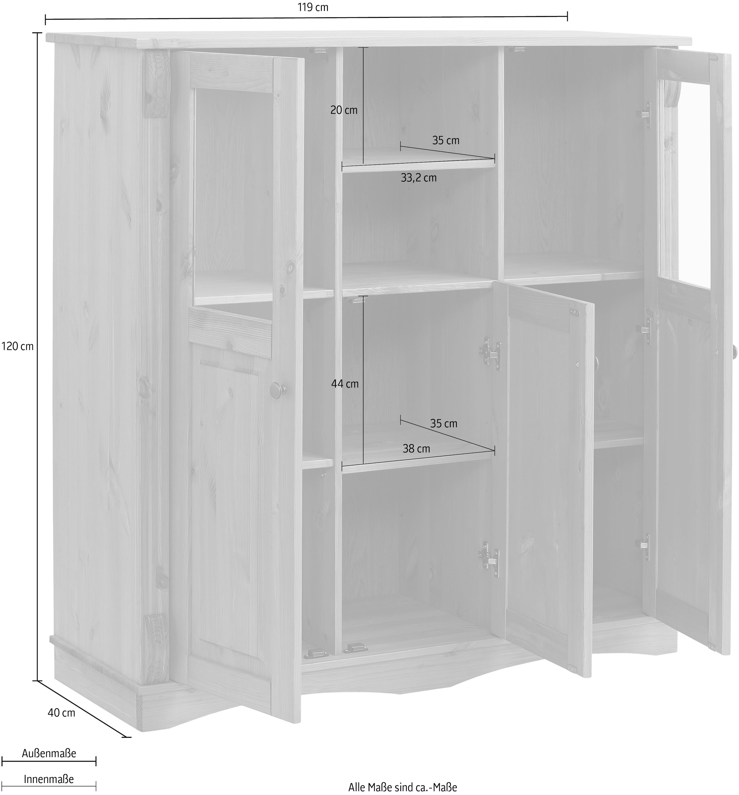 Home affaire Highboard »Teresa«, Breite 119 cm, Türen mit Glaseinsätzen, aus massiver Kiefer, FSC®