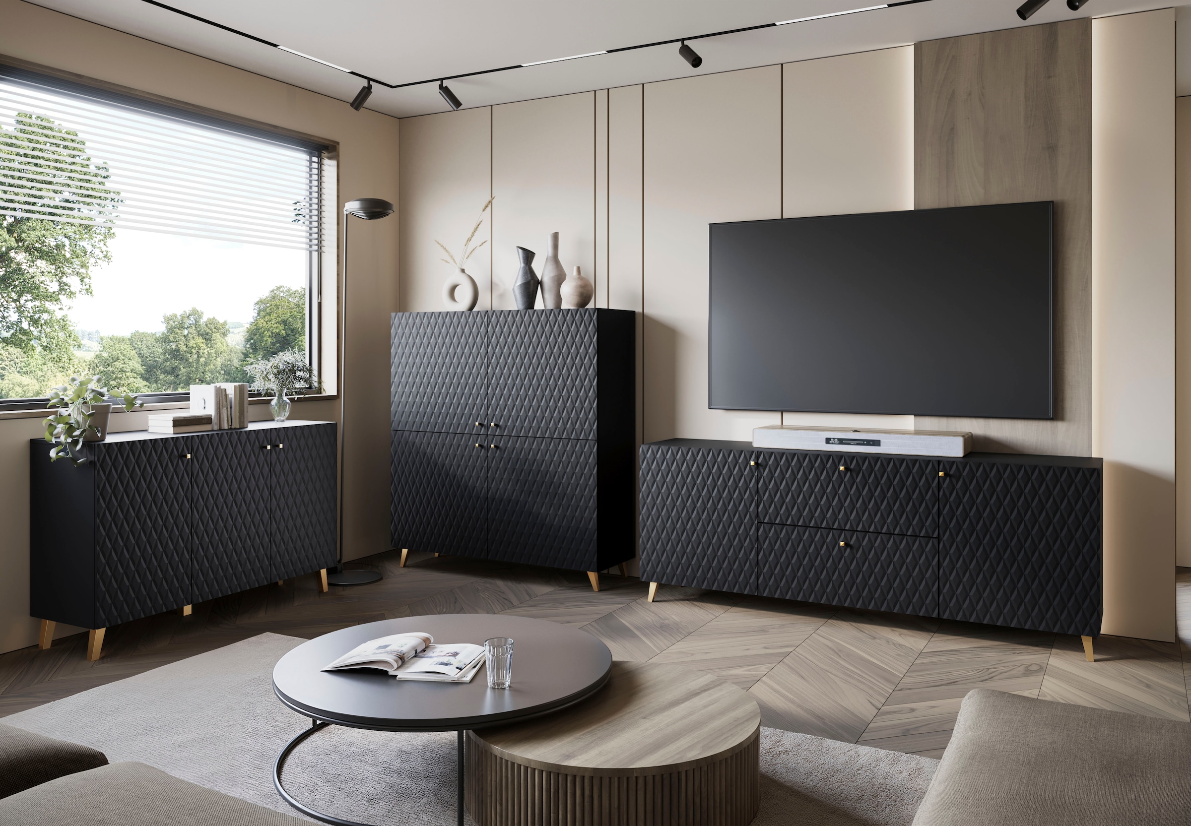 Home affaire Table basse »Phuket, Front MDF« 2 Schubladen, 4 Türen, 6 geschlossenen Fächern, Breite 180cm