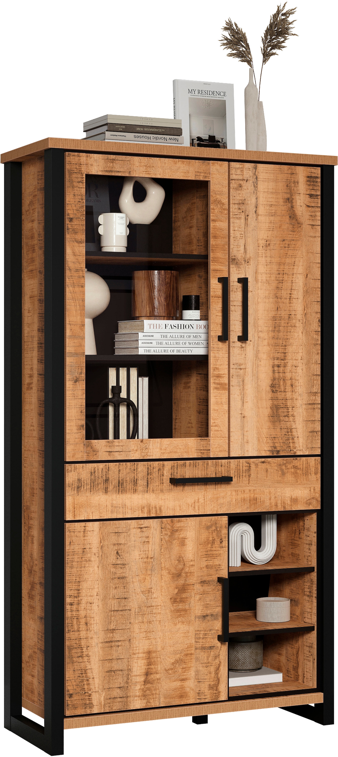 Image of Home affaire Vitrine "Elda" 1 Stk. tlg. Vitrine mit 3 Türen & 1 Vollauszug Schublade - (B/T/H) 106/45/195 cm