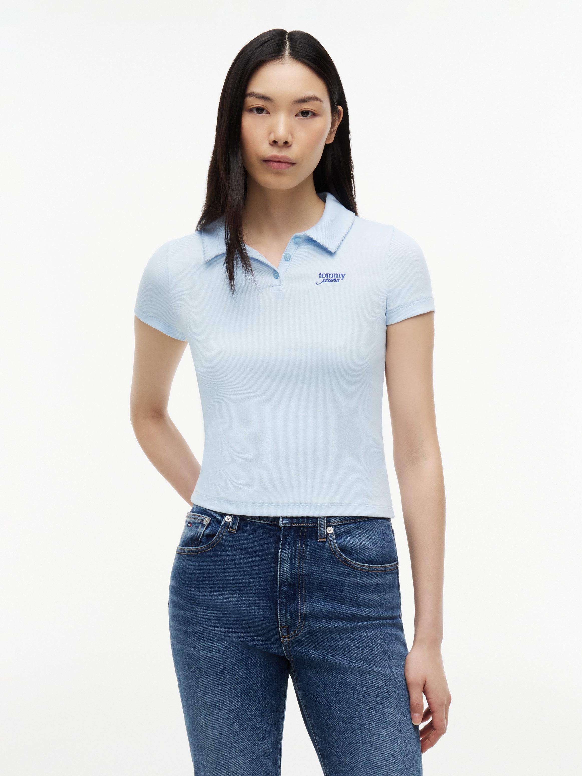 Image of Tommy Jeans Poloshirt "TJW SLIM RIB SCRIPT POLO" Baumwollmischung, slim fit, figurbetont, in gerippter Struktur