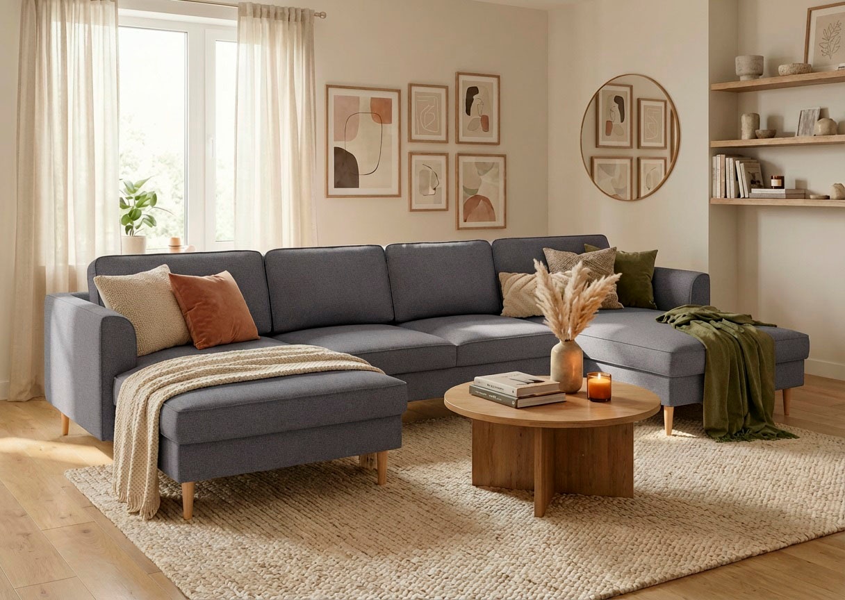 Home affaire Wohnlandschaft »Booster, whlw. mit Schlaffunktion & Bettkasten, Fuss Buche lackiert« Sofa in U-Form, Breite 305 cm, in Cord oder Struktur