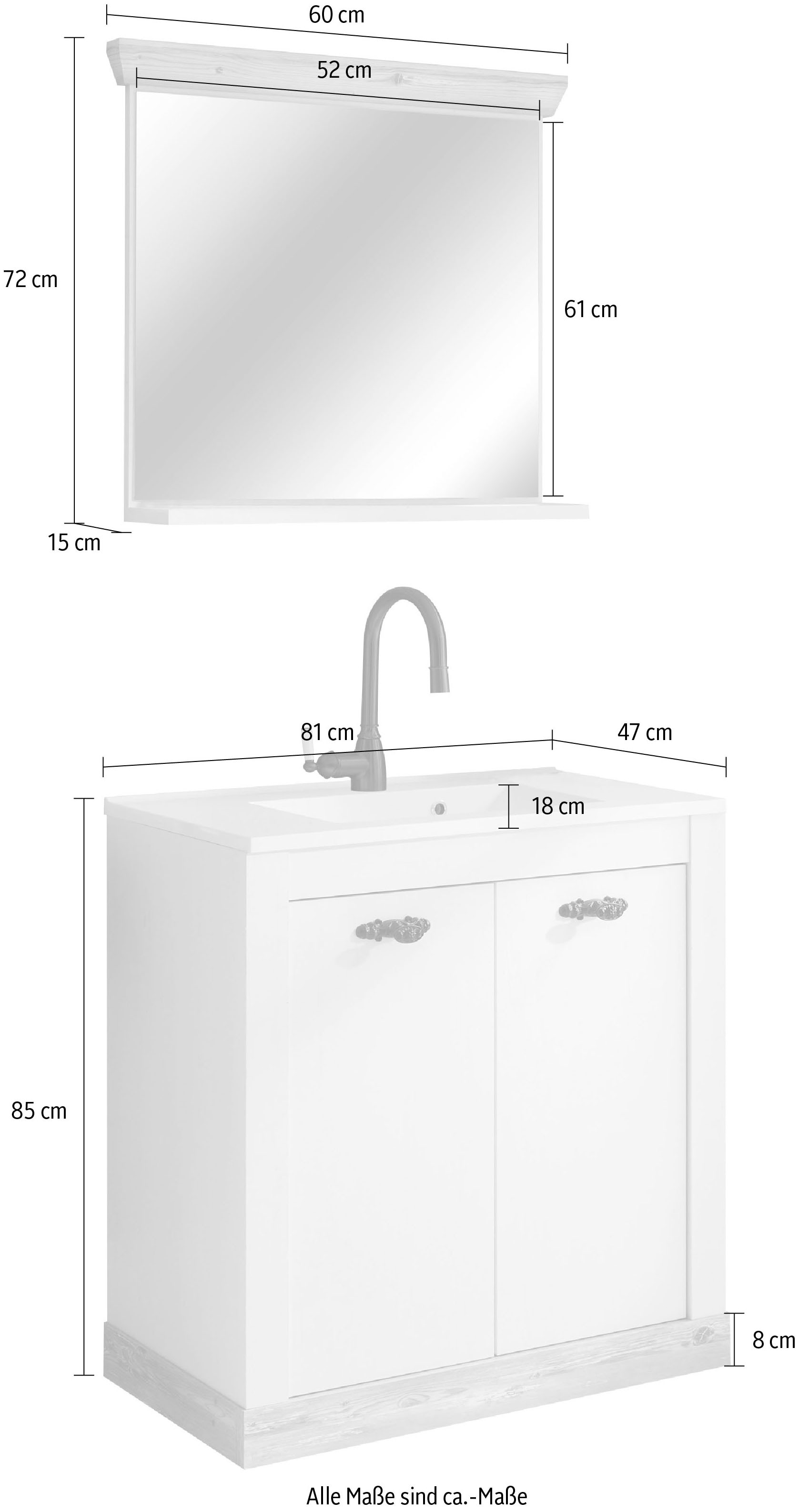 Home affaire Badmöbel-Set »Florenz, Bad im Landhausstil, 2-teiliges Badezimmer«, (2 St.), Waschtisch und Spiegel mit Ablage, Stauraum