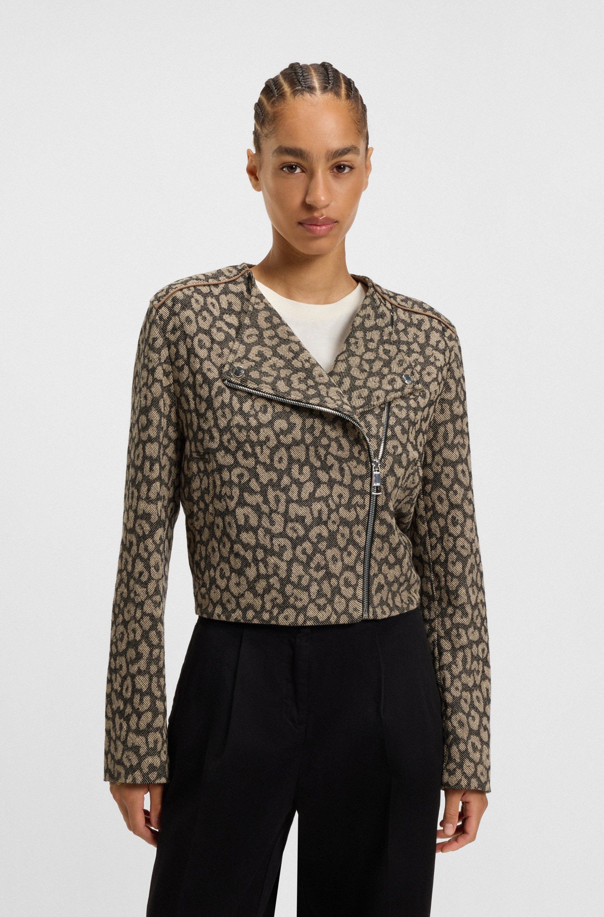 Image of BOSS ORANGE Bikerjacke "Jaleo Premium Damenmode" in Cropped-Länge, Leo-Jacquard