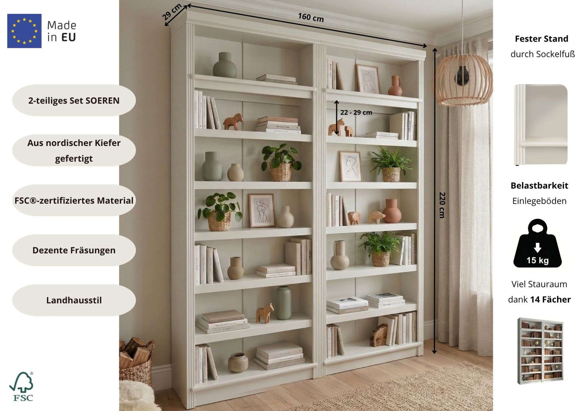 GOODproduct Bibliothek »Soeren 2 Regale á Breite 80 cm, Höhe 220 cm, Tiefe 29 cm« Set, 2 Stk. tlg. 2 Bücherregale - zusammen oder getrennt stellbar