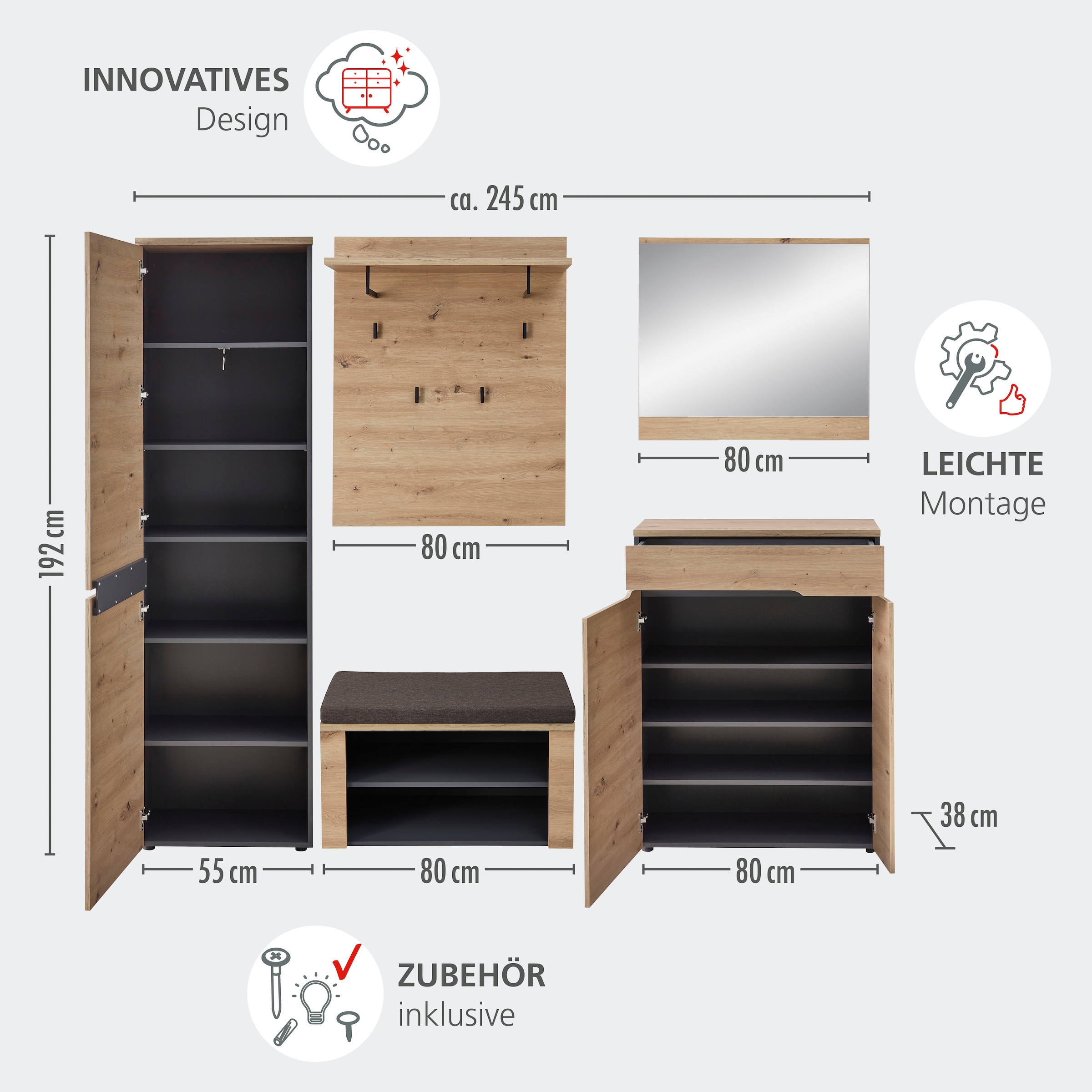 GOODproduct Regal »Bergen Garderobenpaneel, 80x100x30cm (B/H/T)« 1 Stk. tlg. 4 Haken, Ablage, Kleiderstange