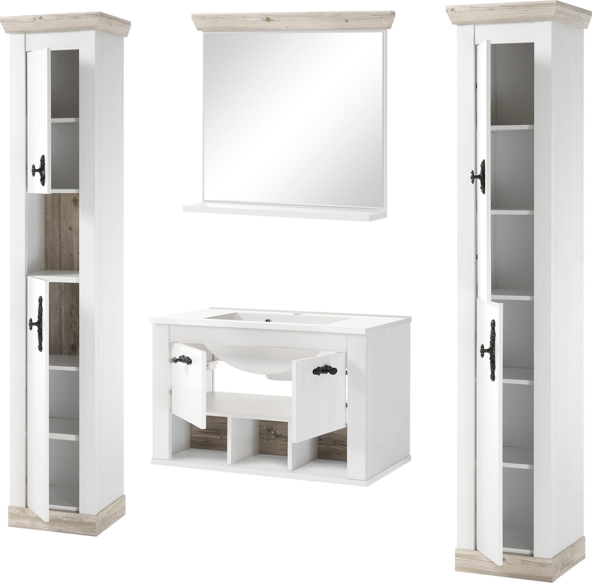 Home affaire Badmöbel-Set »Florenz, Bad im Landhausstil, 4-teiliges Badezimmer«, (4 St.), Hänge-Waschtisch, Schränke und Spiegel, in Pinie Weiss, Stauraum