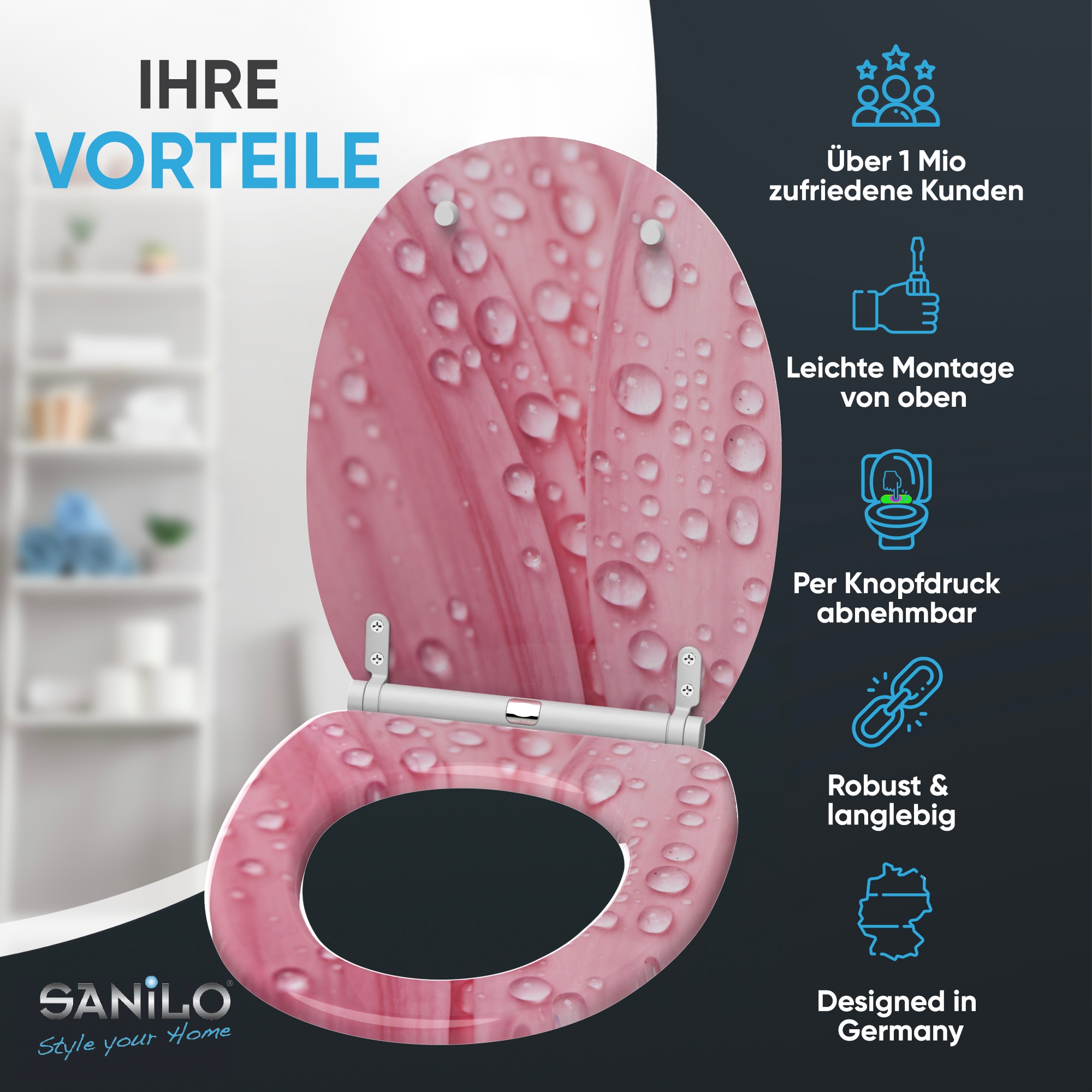 Sanilo WC-Sitz »Pink Flower mit Absenkautomatik & Quick Release« Premium Toilettendeckel, abnehmbar, leichte Montage von oben
