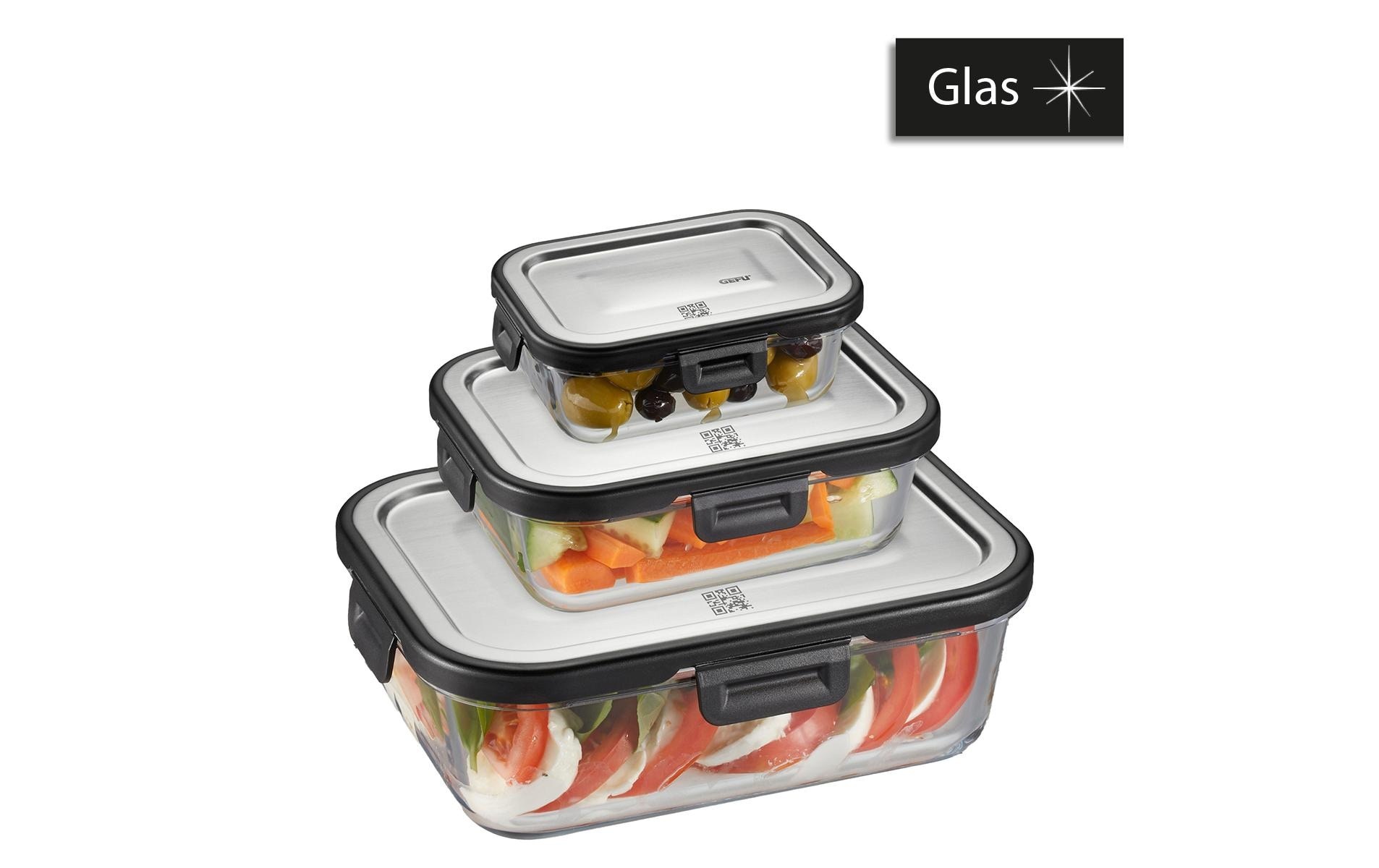 GEFU Frischhaltedose »MILO« Set, 3 Frischhaltegläser, 3 Deckel, 6 tlg. rechteckig, platzsparend, auslaufsicher