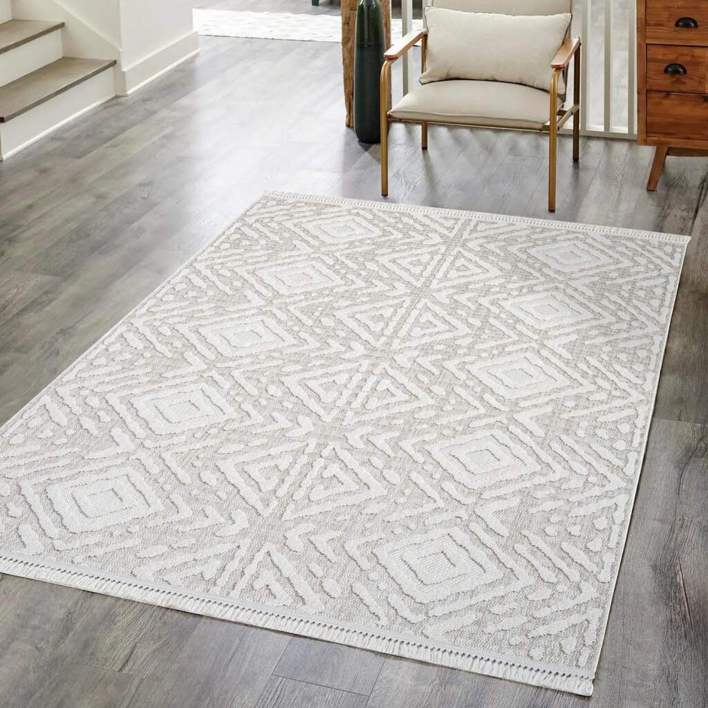 Image of Carpet City Teppich "CLASICO 8926" rechteckig 11 mm Höhe Läufer, Kurzflor, Hochtief-Muster, Boho, Fransen, Wohnzimmer