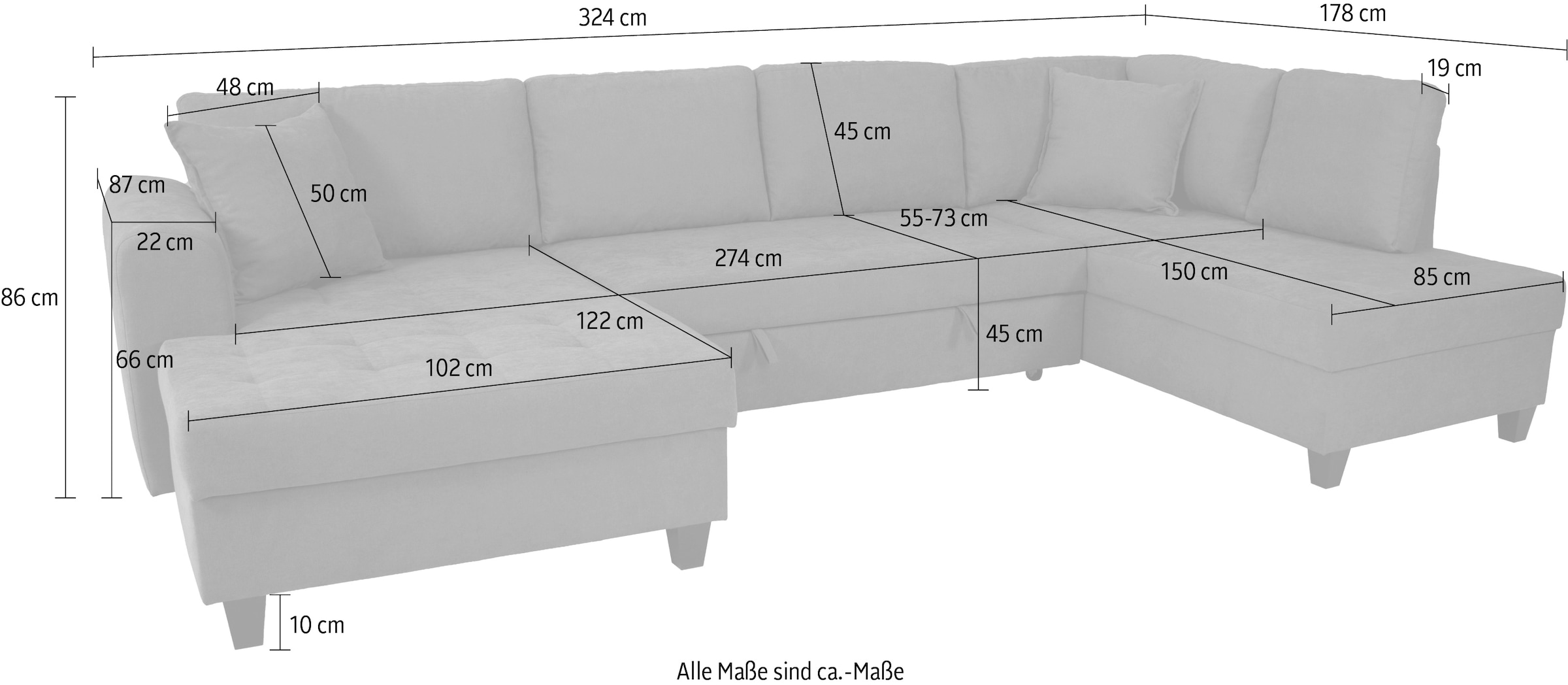 Trends by HG Paysage de salon »Moritz, U-Form« inkl. Bettfunktion und Bettkasten, inkl. 2 Zierkissen