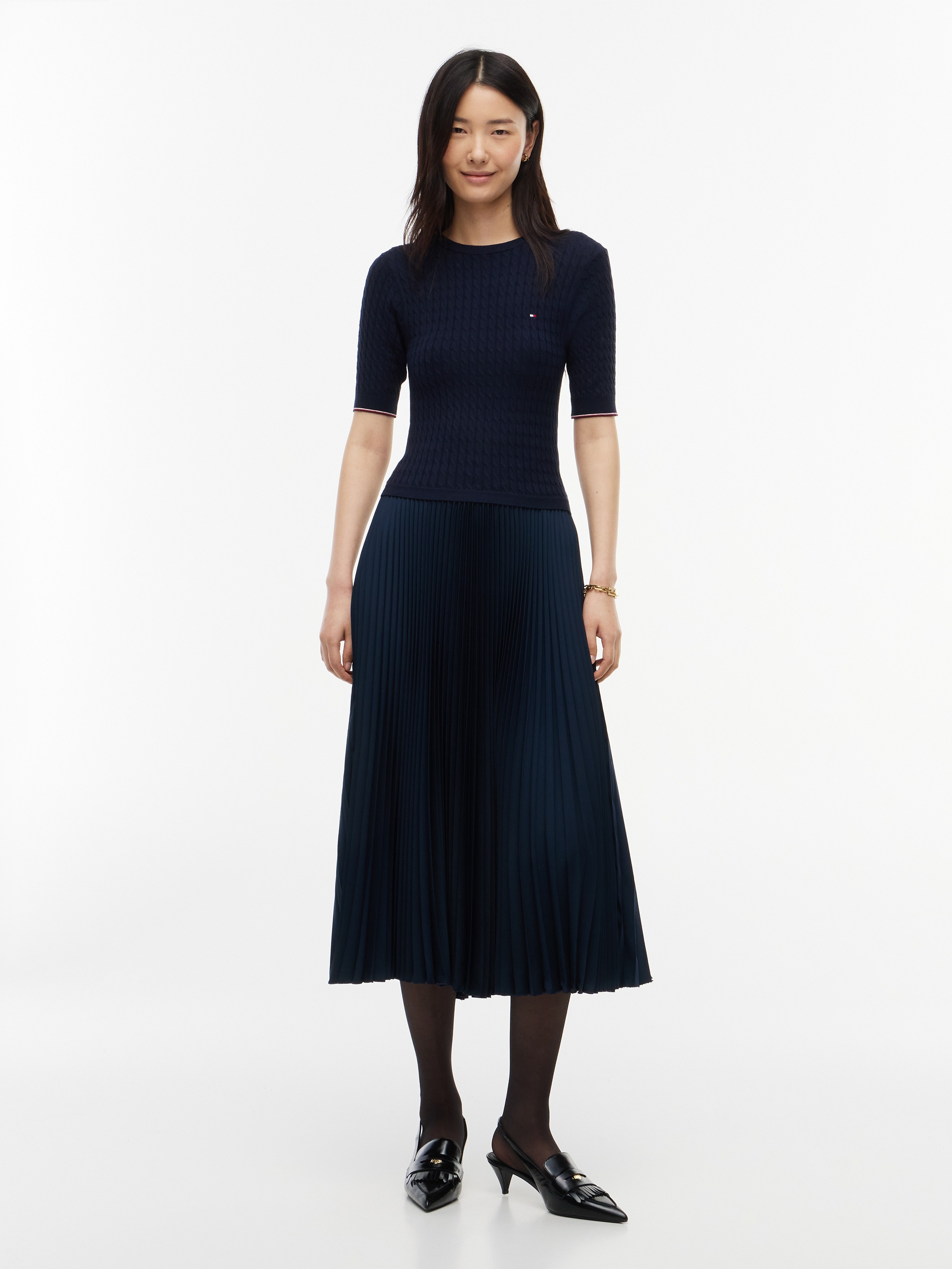 Image of Tommy Hilfiger Midikleid "PREPPY MIX MEDIA MIDI DRESS" Kunstfaser, Zopfstrickmuster