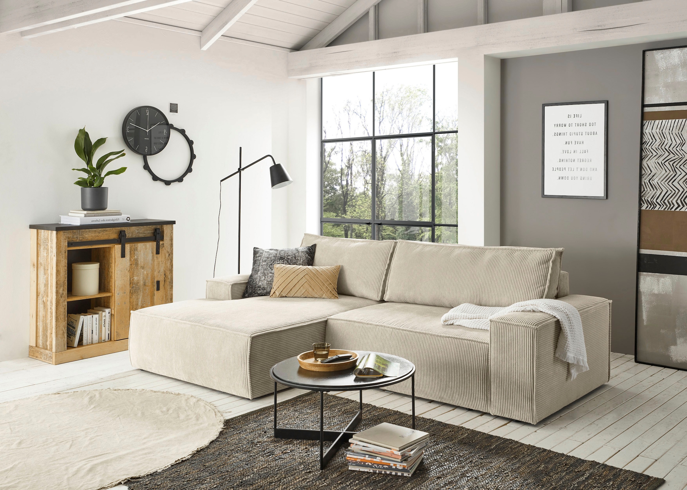 Home affaire Ecksofa SHERWOOD Schlafsofa 267 cm, L-Form, Schlaffunktion mit Bettkasten (210x136 cm), Cord, Vintage, Samtvelours