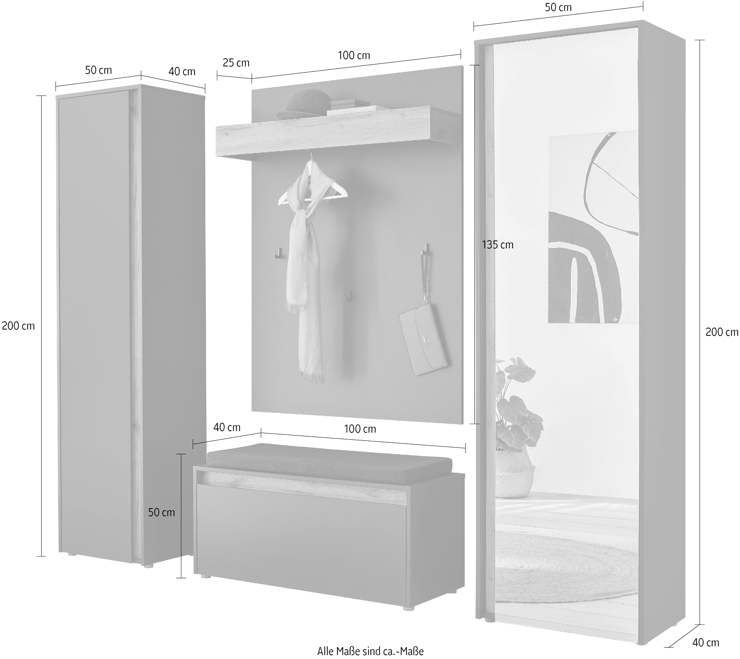 INOSIGN Garderoben-Set »GIRON/ CiTY, Garderobe in Wotan Eiche, moderner Garderobenschrank«, (Komplett-Set, 4 St.), enthält Garderobenschränke, Paneel & Schuhbank +Sitzkissen