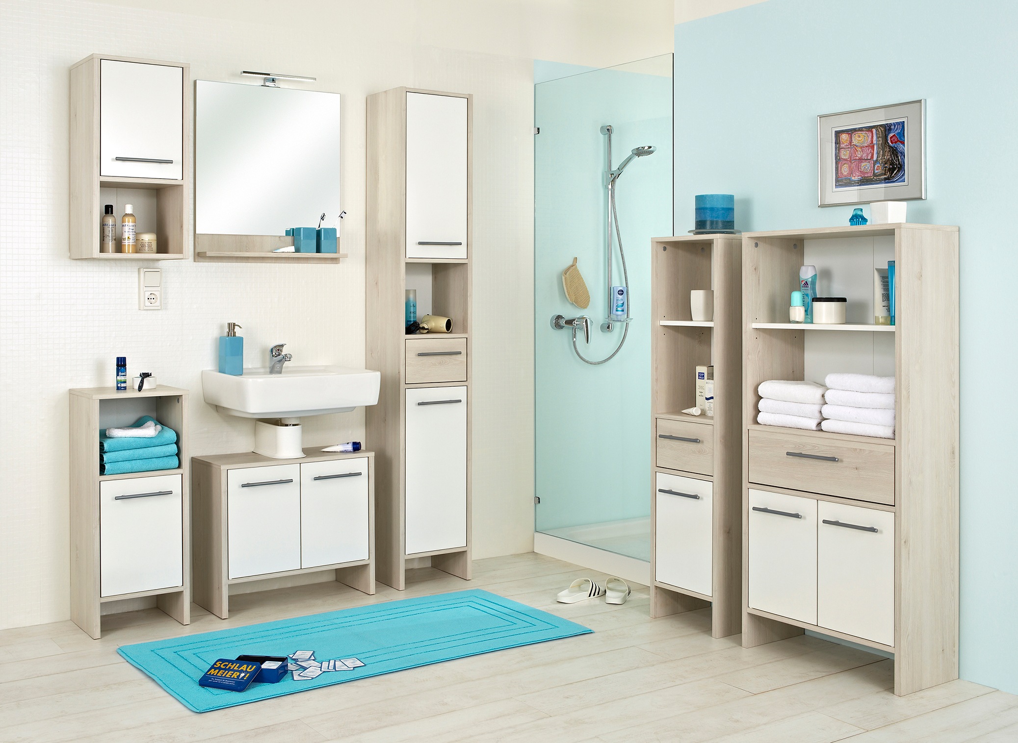 Saphir Hängeschrank »Quickset 350 Badschrank 33 cm breit, 1 Tür, 1 Nische, 1 Einlegeboden« 1 Stk. tlg. Badezimmer-Hängeschrank in Pinie Ida Hell mit Griffe alufarbig
