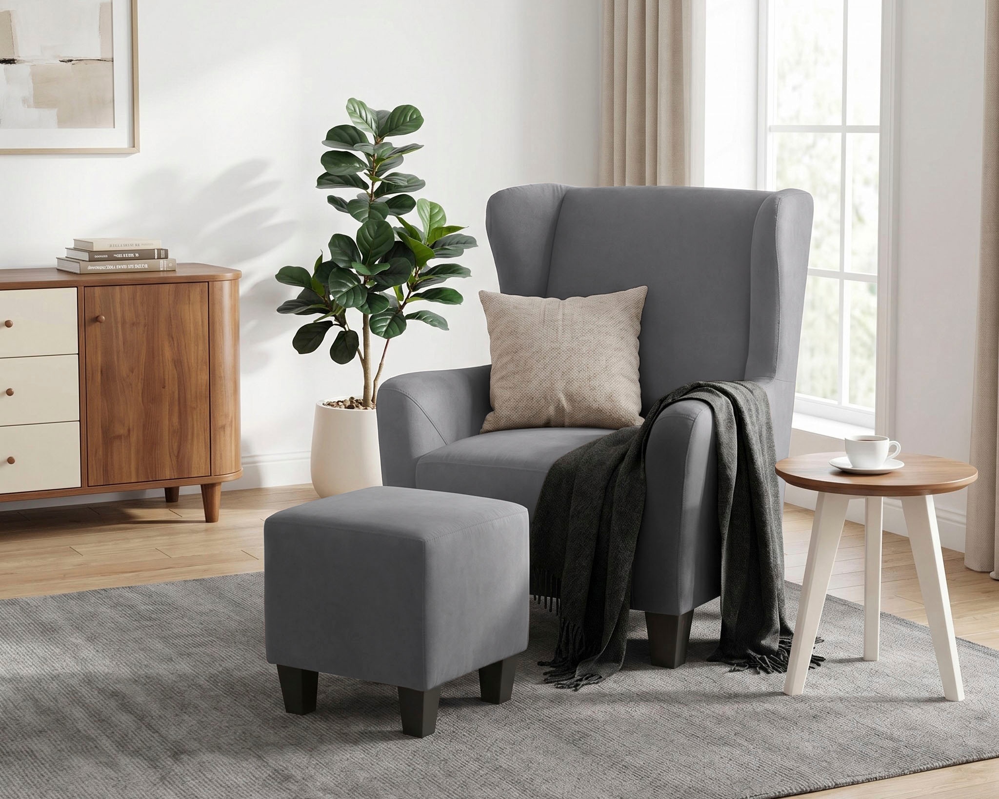 GOODproduct Fauteuil à oreilles »CHILLY, Microfaser-Bezug, Sessel mit Hocker« Ensemble, composé de fauteuil et tabouret, 2 cuis tlg. Notre prix permanent bas