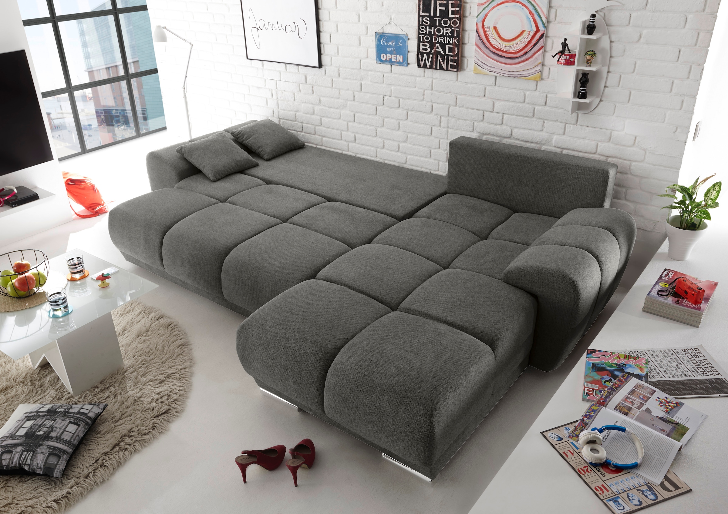 Schlafsofa »Anton«, mit Bettfunktion, Bettkasten, Rücken- und Zierkissen, universell aufbaubar, frei im Raum stellbar